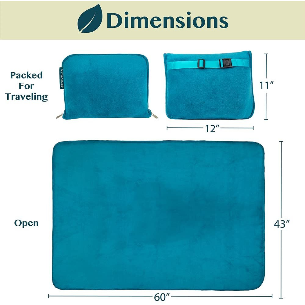Pavilia Travel Blanket And Pillow, Dual Zippers, Clip On Strap, Warm Soft Fleece 2-In-1 Combo Blanket Airplane, Camping, Car, Large Compact Blanket Set, Luggage Backpack Strap, 60 X 43 (Teal Blue)