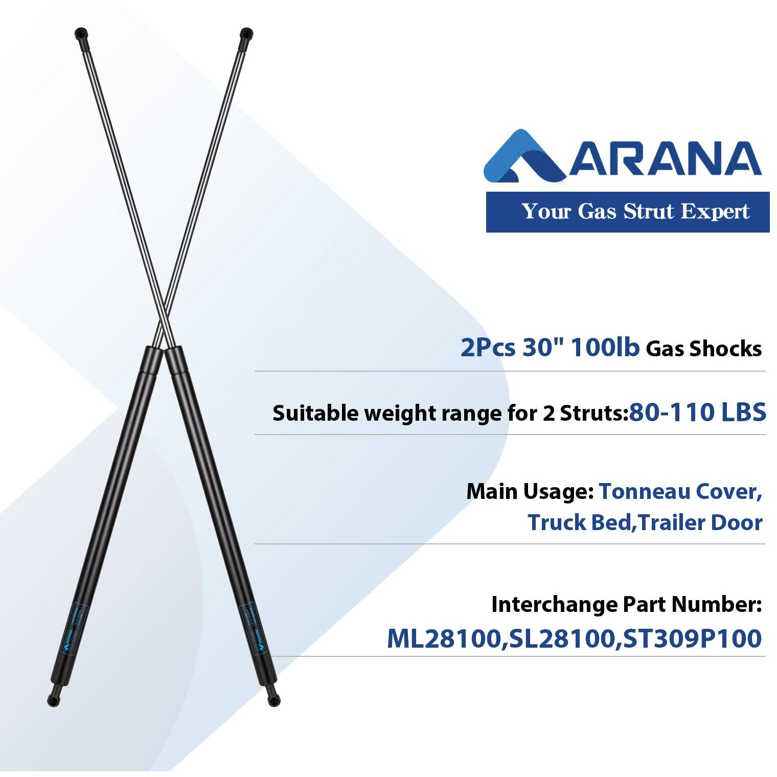 Arana Ml28100 30.9 Inch 100Lb Gas Struts Spring Shocks Sl28100 31" 100Lb Lift Support For Tonneau Cover Truck Bed Floor Hatch Trap Door Tailer Door Custom Window, 2Pcs Set