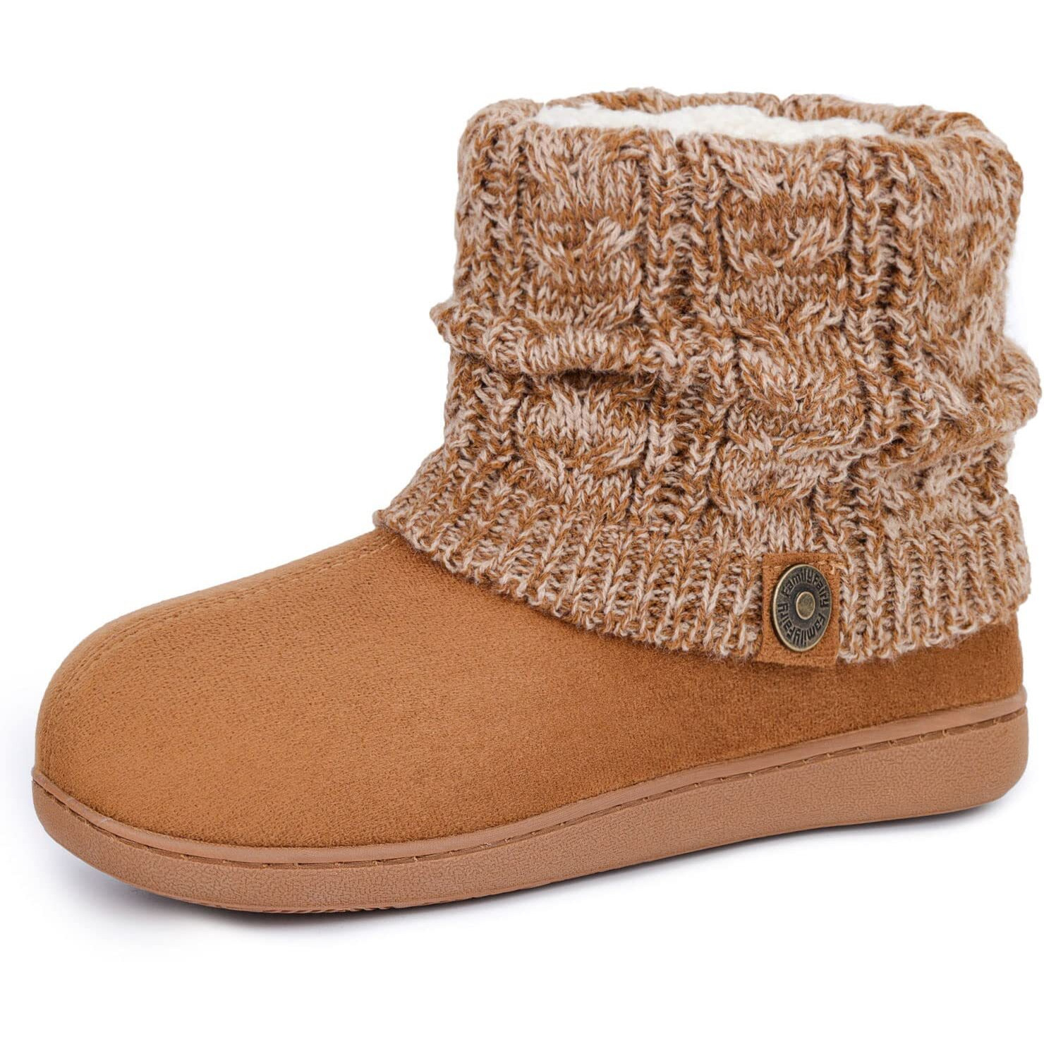 Familyfairy Women's Woolen Yarn Knit Bootie Slippers Comfy Warm Plush Fleece Memory Foam House Shoes For Indoor Outdoor(Medium / 7-8, Camel)