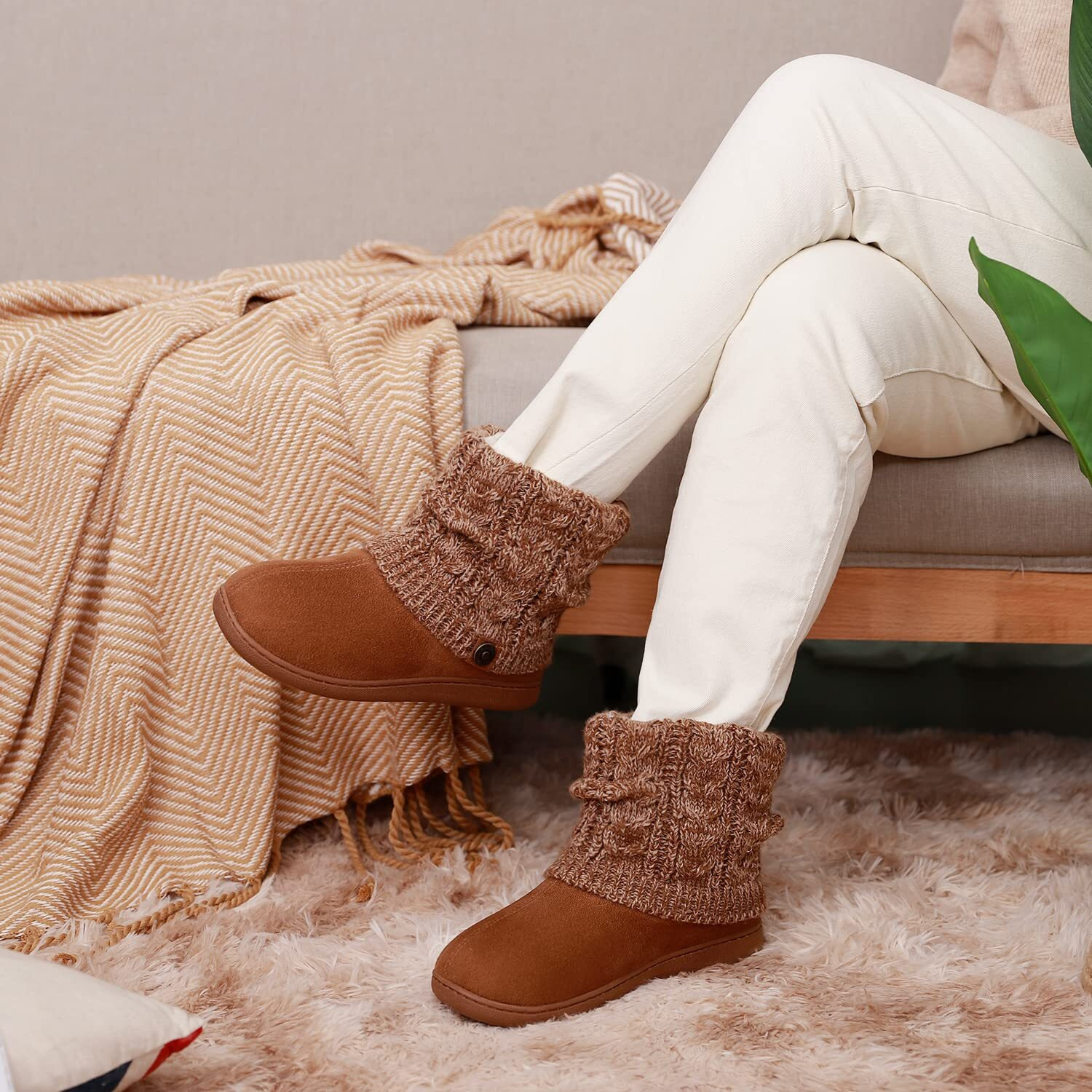 Familyfairy Women's Woolen Yarn Knit Bootie Slippers Comfy Warm Plush Fleece Memory Foam House Shoes For Indoor Outdoor(Medium / 7-8, Camel)