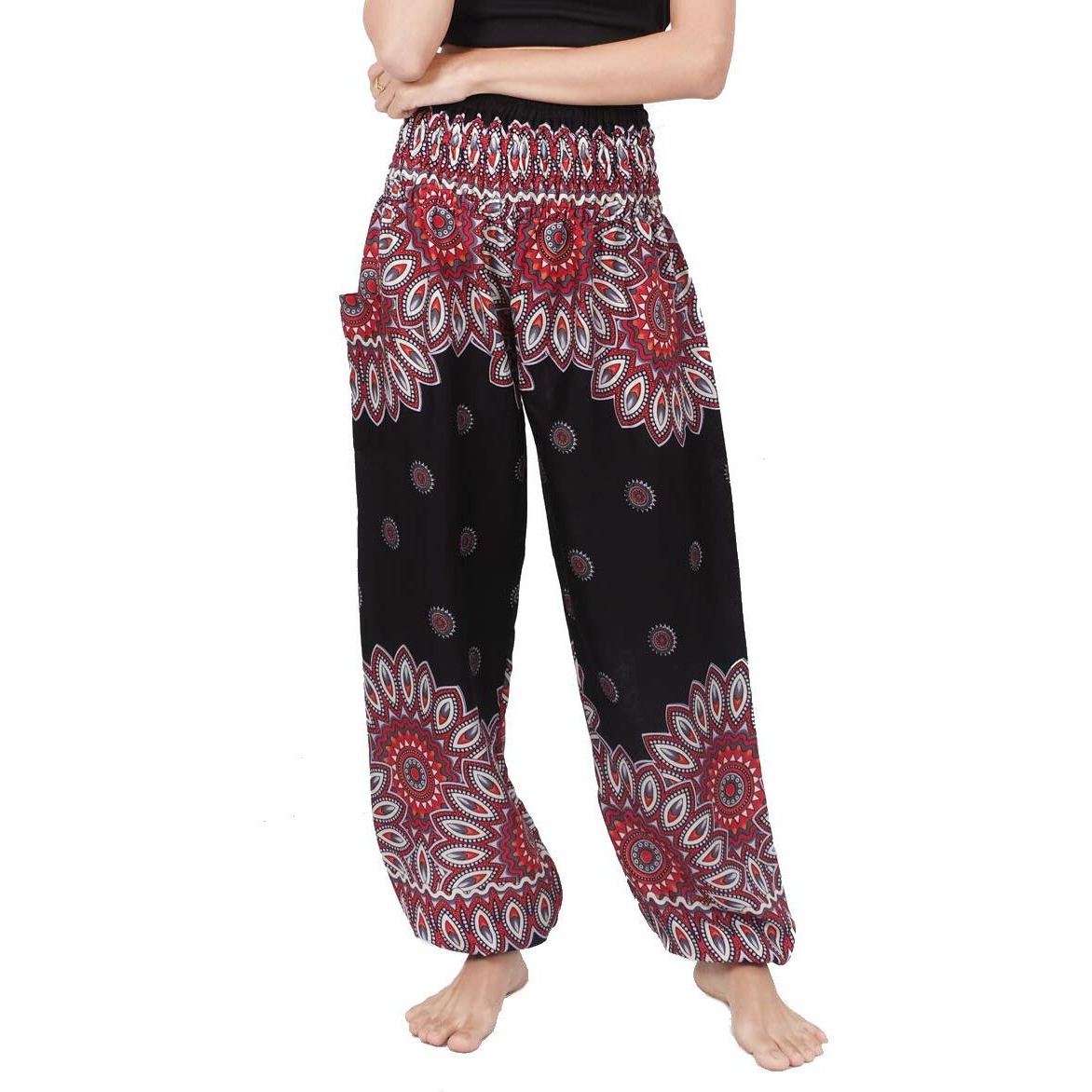 Banjamath Women's Smocked Waist Harem Hippie Boho Yoga Palazzo Casual Pants (Xxl,Floral Black)