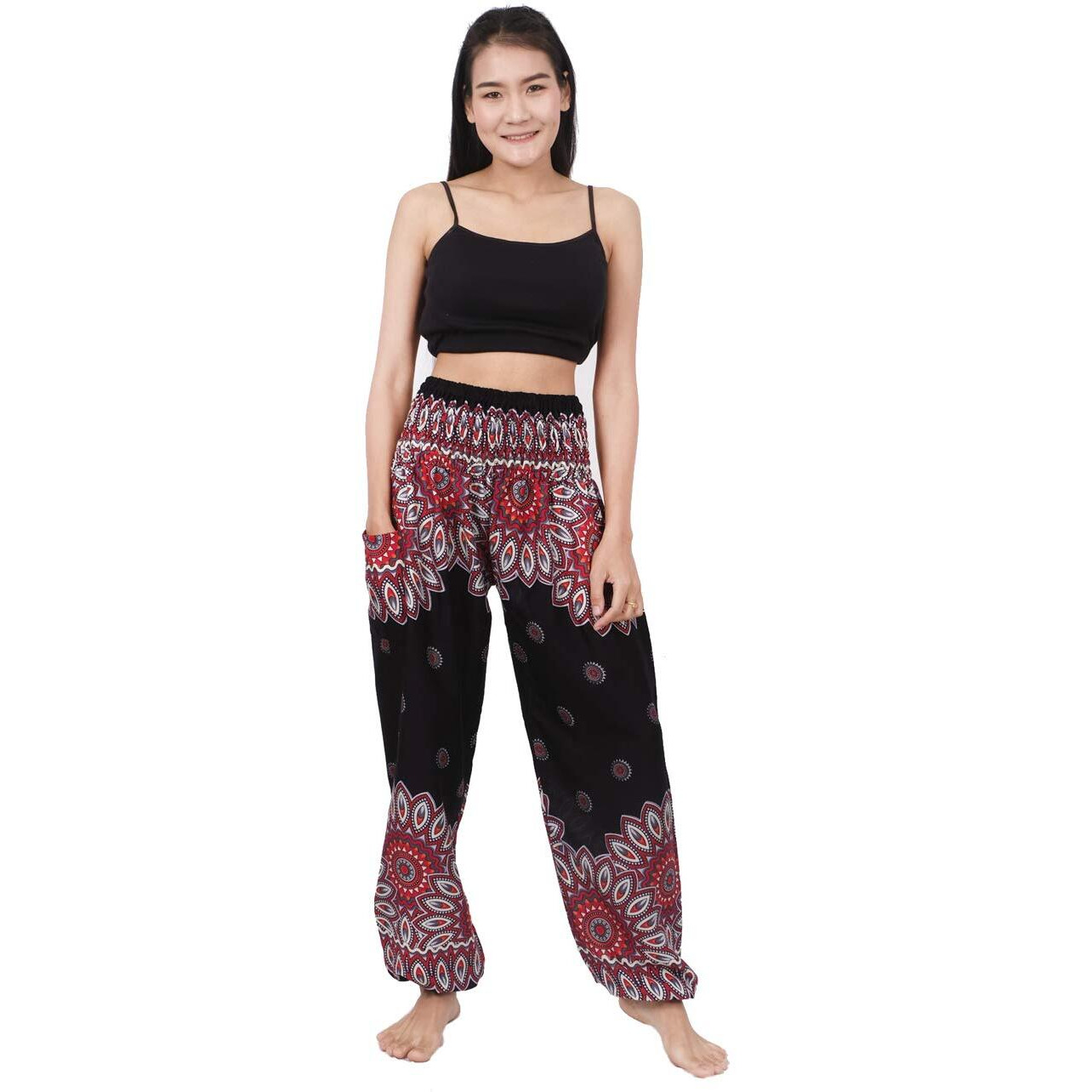 Banjamath Women's Smocked Waist Harem Hippie Boho Yoga Palazzo Casual Pants (Xxl,Floral Black)