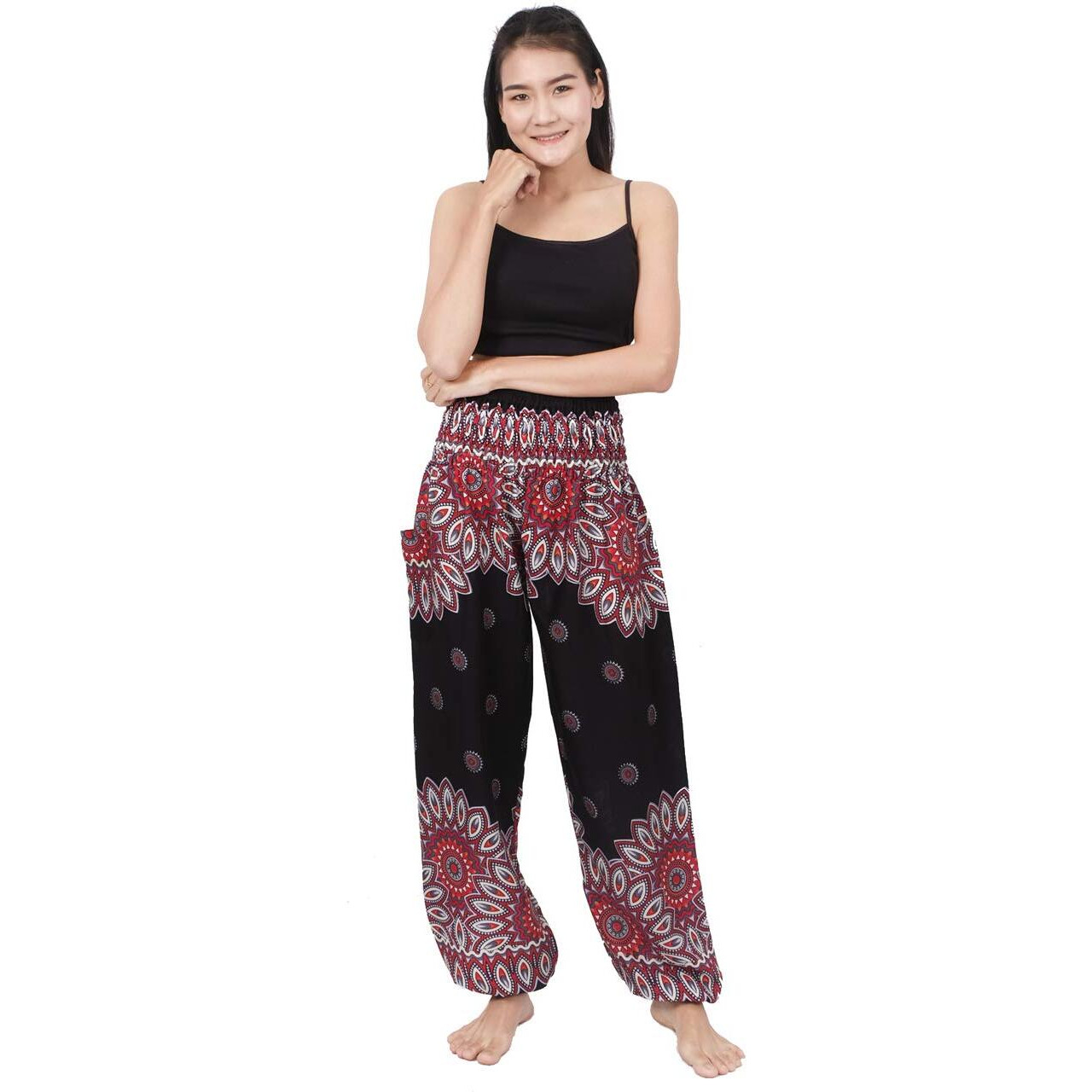 Banjamath Women's Smocked Waist Harem Hippie Boho Yoga Palazzo Casual Pants (Xxl,Floral Black)