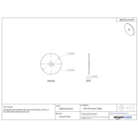 Small Parts 18-8 Stainless Steel Flat Washer, Plain Finish, 1" Hole Size, 1-1/16" Id, 2" Od, 0.125" Nominal Thickness (Pack Of 10)
