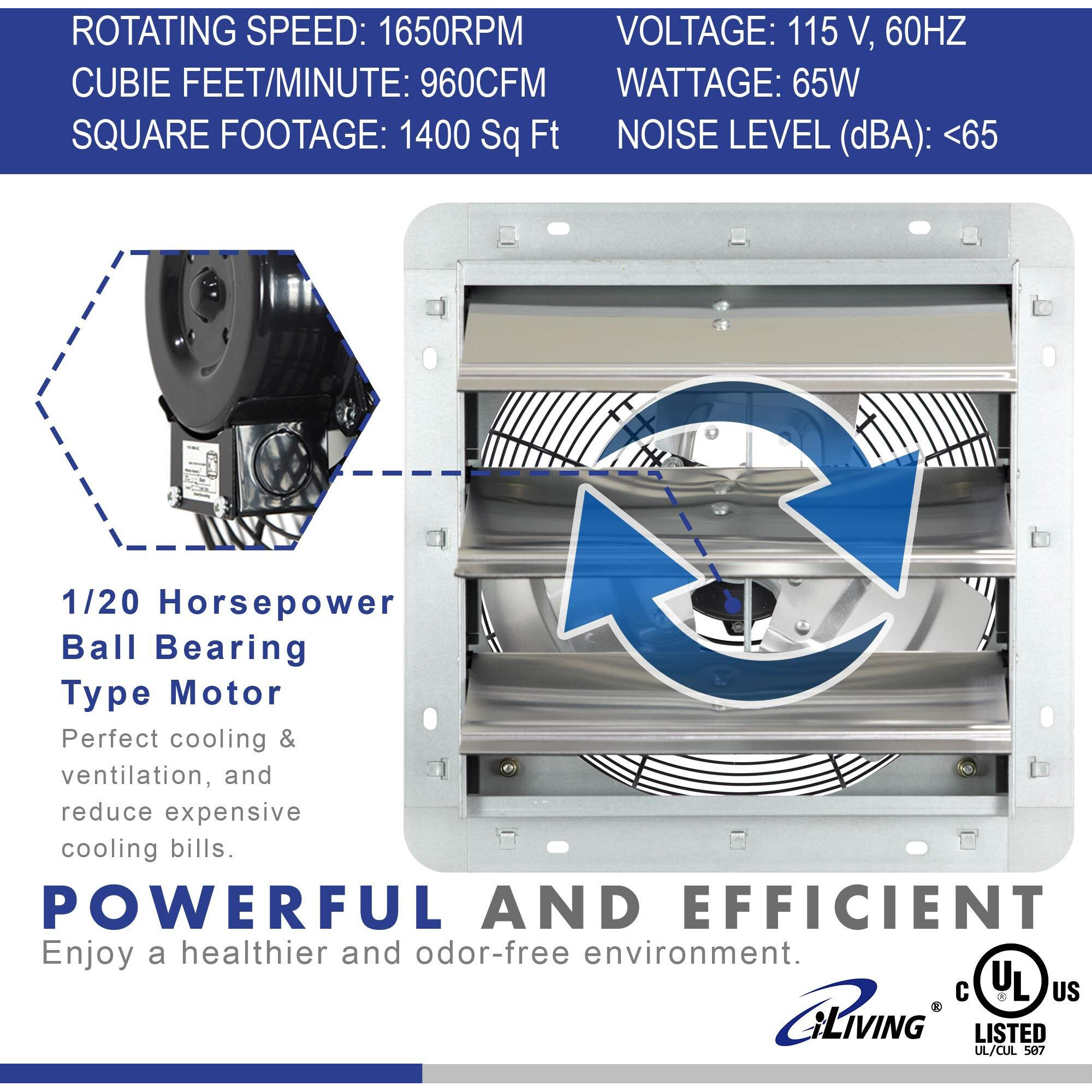 Iliving 12" Shutter Exhaust Fan With Thermospeed(Tm) Controller, 65W, 960 Cfm, Silver (Ilg8Sf12V-St)