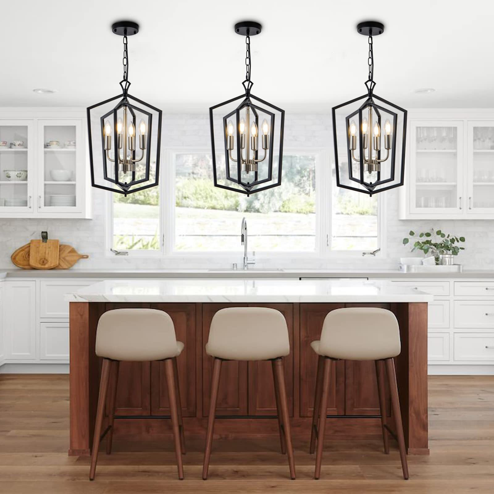 Lanhall 4-Light Dining Room Light Fixture Over Table Black Farmhouse Chandelier Metal Modern Pendant Light For Kitchen Island Dining Room Living Room Foyer Entryway-Brushed Nickel