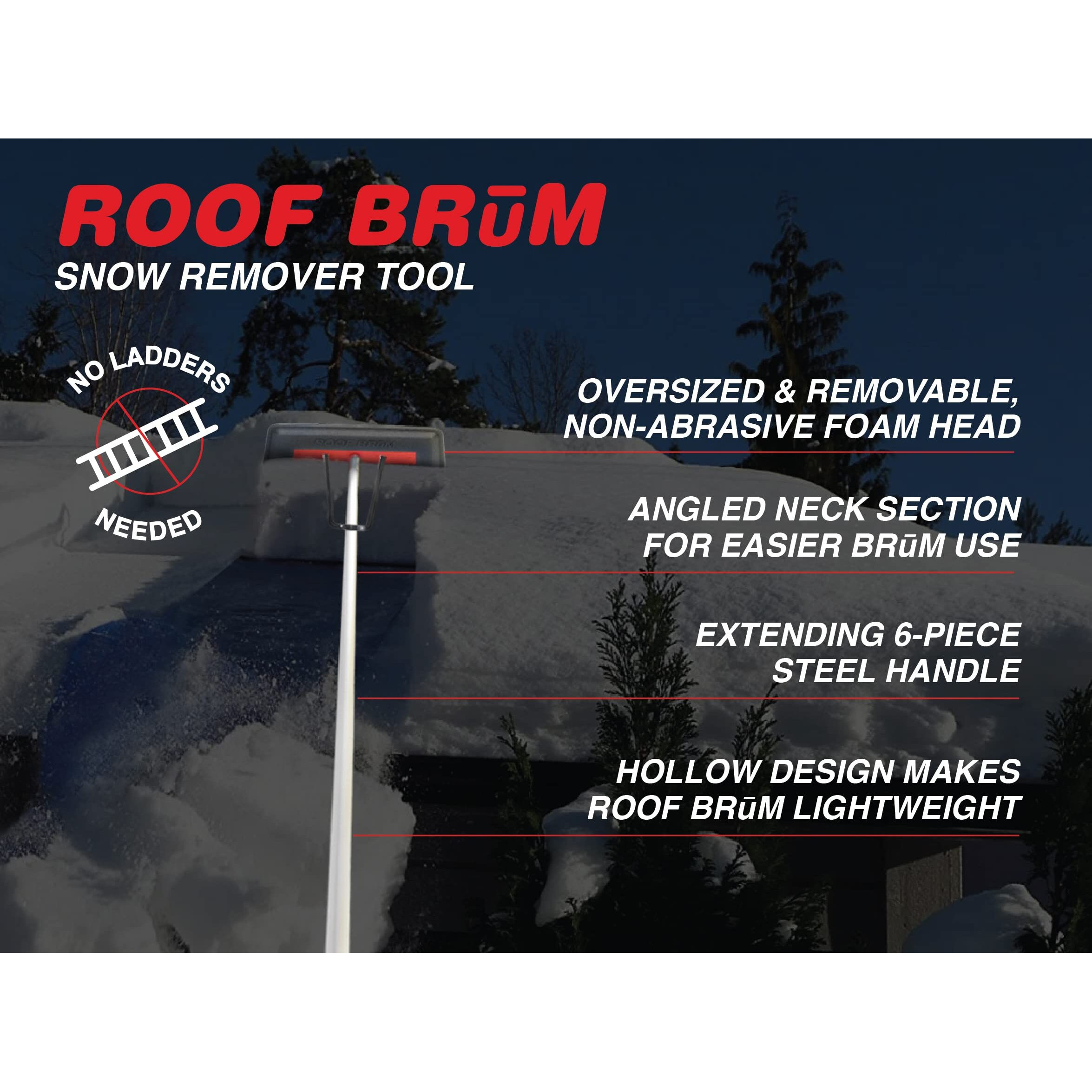 Roofbrum Snow Broom For Roof Snow Removal, 22 Foot - The Ultimate Snow Roof Rake For Your Home - Foam Head, 6 Piece Handle - Clear Wet, Heavy Snow From Your Roof, No Ladders Needed