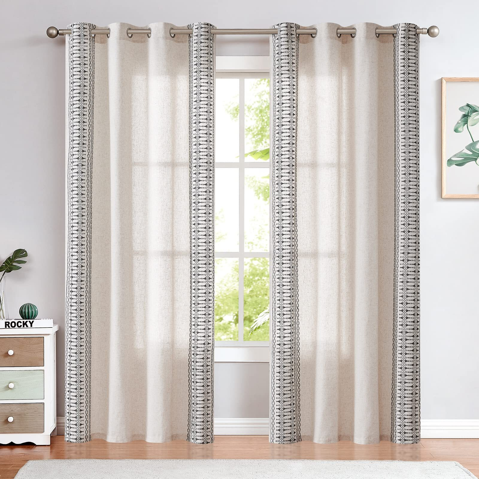 Jinchan Boho Curtains Embroidered Linen Blend Window Curtains For Bedroom, Drapes 84 Inch Length 2 Panels Set, Geometry Grommet Bohemian Window Treatments Set For Living Room Black On Beige