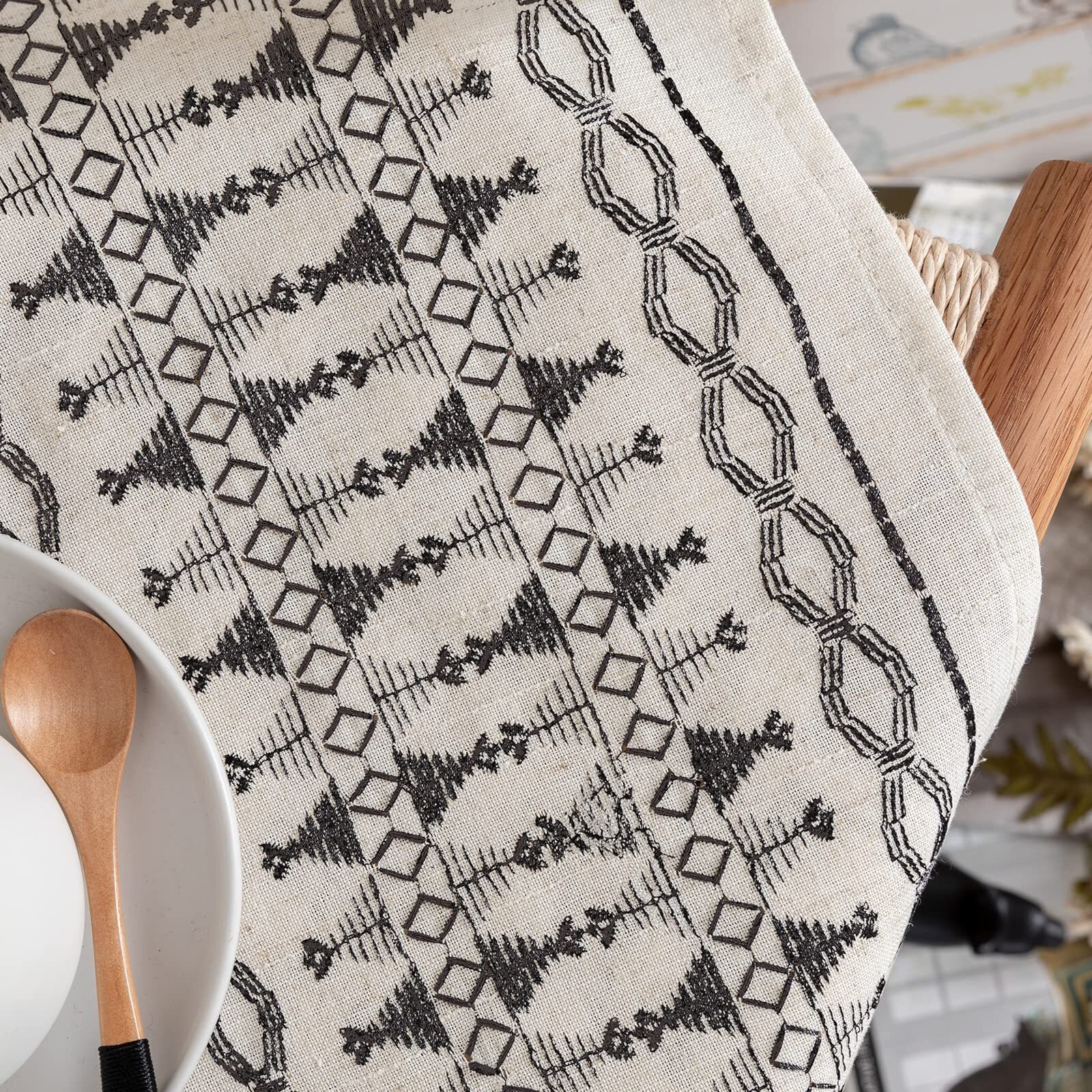 Jinchan Boho Curtains Embroidered Linen Blend Window Curtains For Bedroom, Drapes 84 Inch Length 2 Panels Set, Geometry Grommet Bohemian Window Treatments Set For Living Room Black On Beige