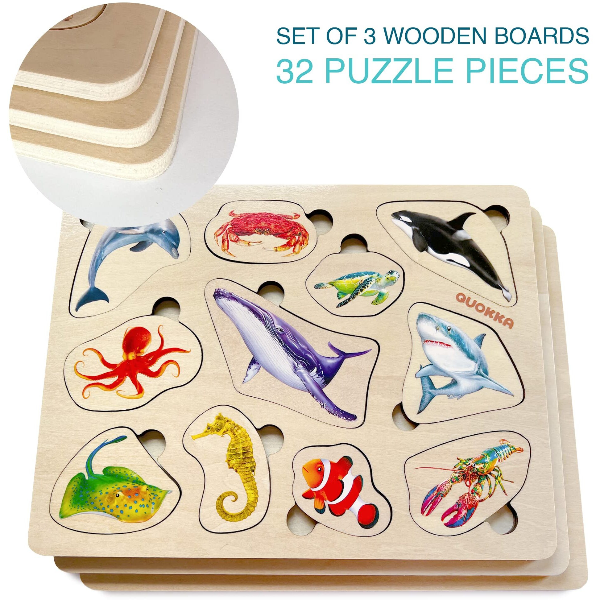 Wooden Puzzles For Toddlers 1-3 - 3 Toddler Puzzles Ages 2-4 By Quokka - Montessori Animal Toy Puzzles For Kids Ages 3-5 Year Old - Wood Toy Learning Realistic Animals For Boy And Girl