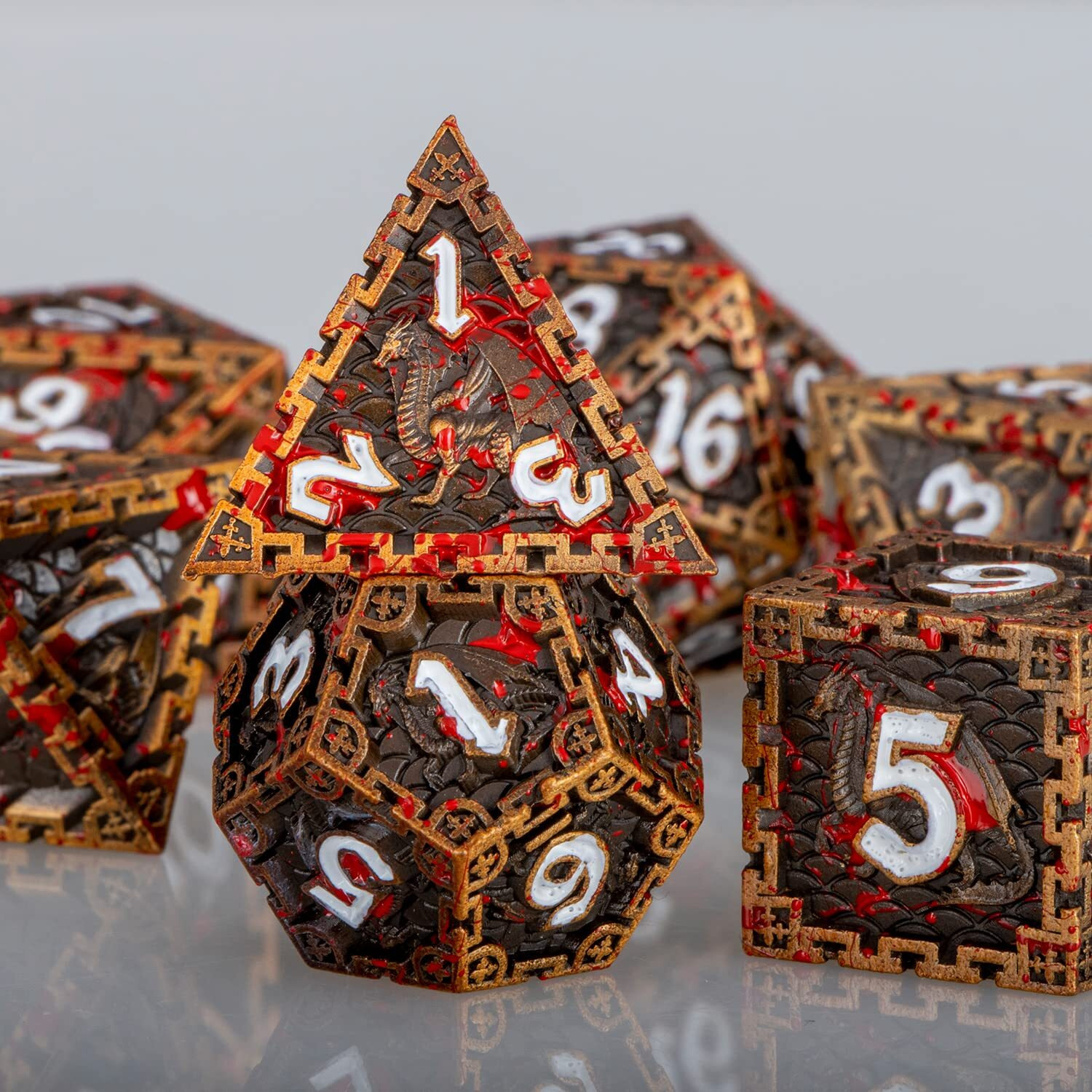 Aruohha 7Pcs Dnd Metal Dice Set Antique Gold Blood Polyhedral Dice Set With Gift Box, Large D&D Dice For Dungeons And Dragons Rpg Role Playing Dice 6 Sided D And D Dice D20 D12 D10 D8 D6 D4