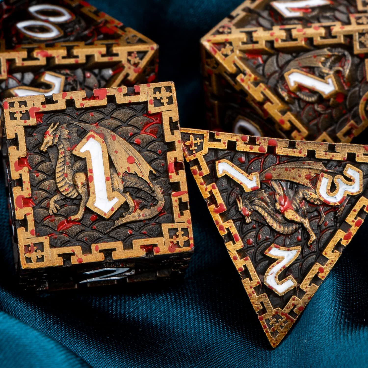 Aruohha 7Pcs Dnd Metal Dice Set Antique Gold Blood Polyhedral Dice Set With Gift Box, Large D&D Dice For Dungeons And Dragons Rpg Role Playing Dice 6 Sided D And D Dice D20 D12 D10 D8 D6 D4