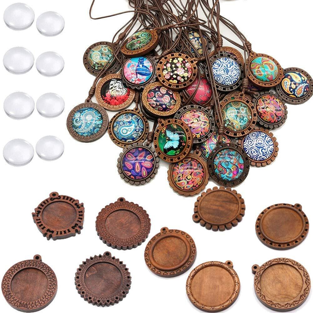 Tobeit 36Pcs Bezel Pendant Trays Round Wooden And Glass Cabochon Round Clear Dome For Diy Crafting Photo Jewelry Making