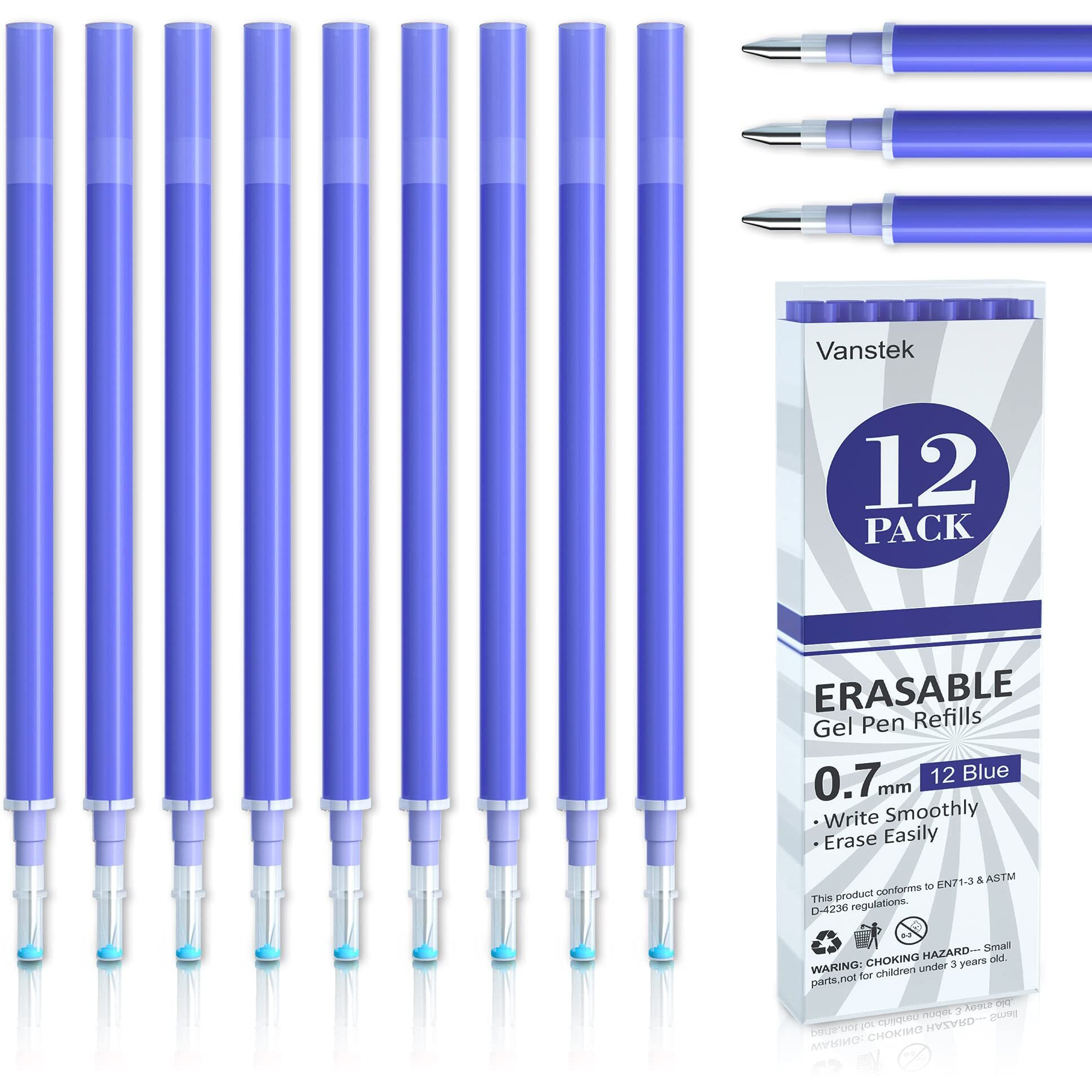 Vanstek 12 Blue Erasable Gel Pen Refills, Gel Ink Refills Compatible With Frixion & Friction Erasable Pens, Fine Point 0.7 Mm, Perfect For Writing Planner & Crossword Puzzles
