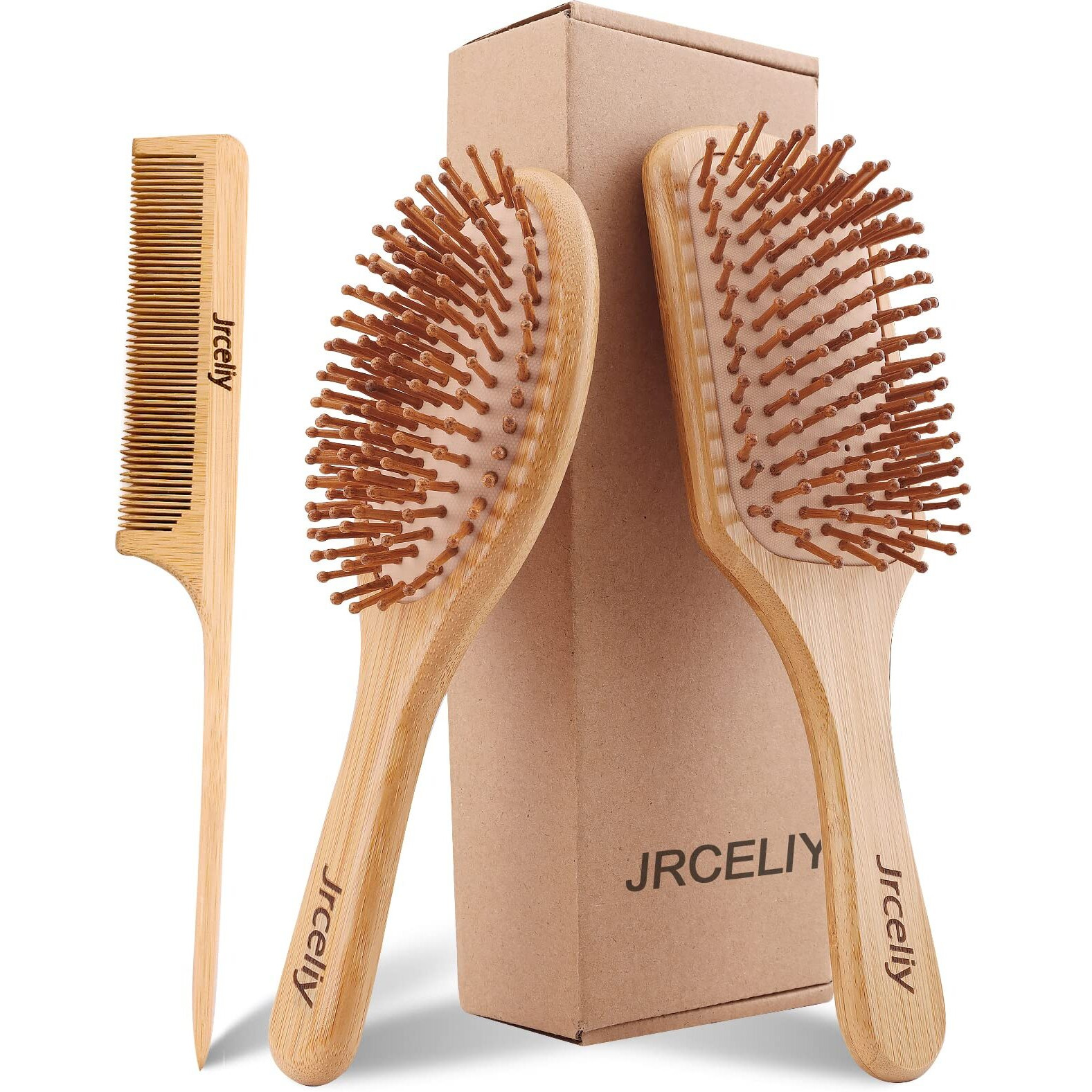 3Pcs Bamboo Hair Brush Set,Natural Wooden Brush For Women, Madam, Paddle Detangling Brush For Dry/Curly/Thick/Thin/Straight Hair