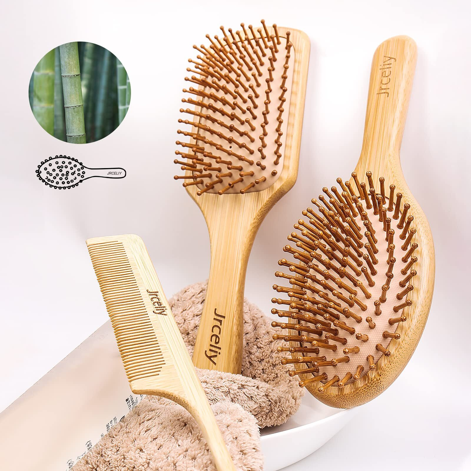 3Pcs Bamboo Hair Brush Set,Natural Wooden Brush For Women, Madam, Paddle Detangling Brush For Dry/Curly/Thick/Thin/Straight Hair