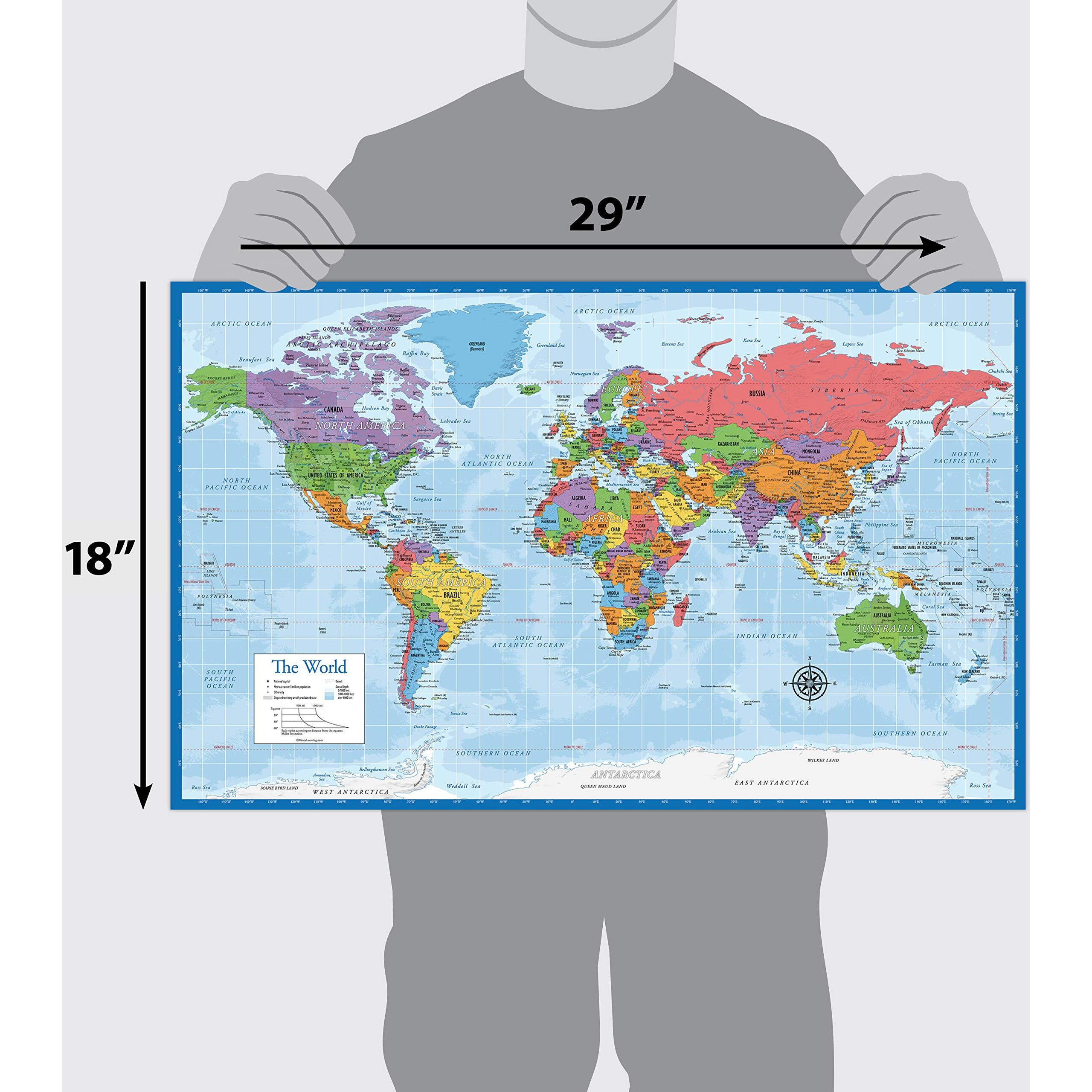 Laminated World Map - 18" X 29" - Wall Chart Map Of The World - Made In The Usa