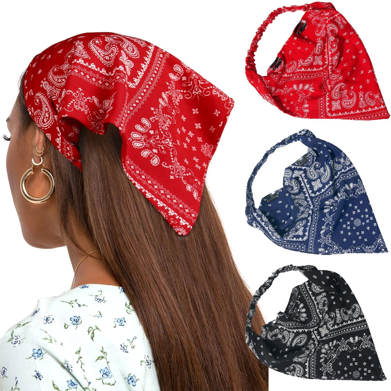 Awaytr Elastic Hair Scarf Headband 3 Pcs Head Scarves With Hair Clips Kerchief Hair Bandanas Headband For Women (Cashew(Black/Navy/Red))
