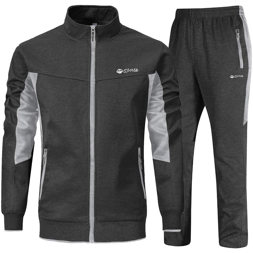 Ysento Men's Tracksuits Sports Sweatsuits Full Zip Jackets Athletic Running Pants Zipper Pockets Dark Grey L