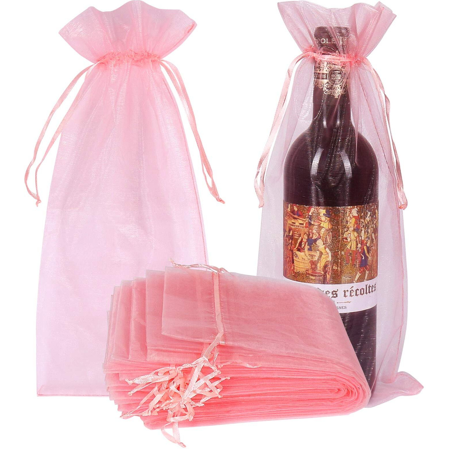Hrx Package 30Pcs Organza Wine Bags Pink, Sheer Mesh Bottle Gift Pouches Wine Covers Dresses With Drawstring For Christmas