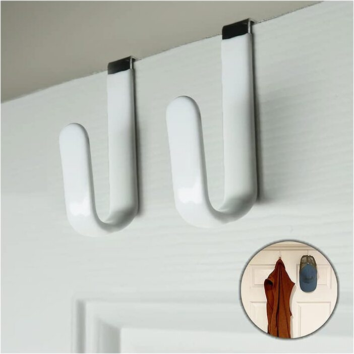 Evelots Over The Door Hooks For Wide Doors, 2 Pack Heavy Duty White Rubber Coated Metal Door Hanger Hook For Hanging Clothes, Towels, Coats, Hats In Bathroom, Bedroom, Or Office