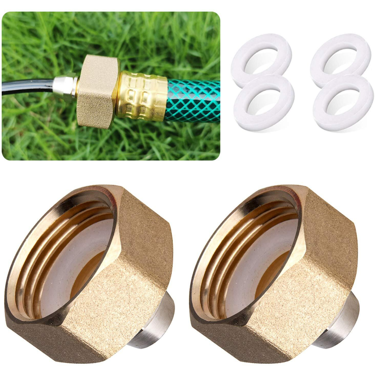 Homenote Us Standard Faucet Adapter, 3/4'' To 1/4'' Hose Adapter, Convert 3/4" Female Hose Thread Bib To 1/4" Tubing, 2 Brass Adapter With 4 Washers