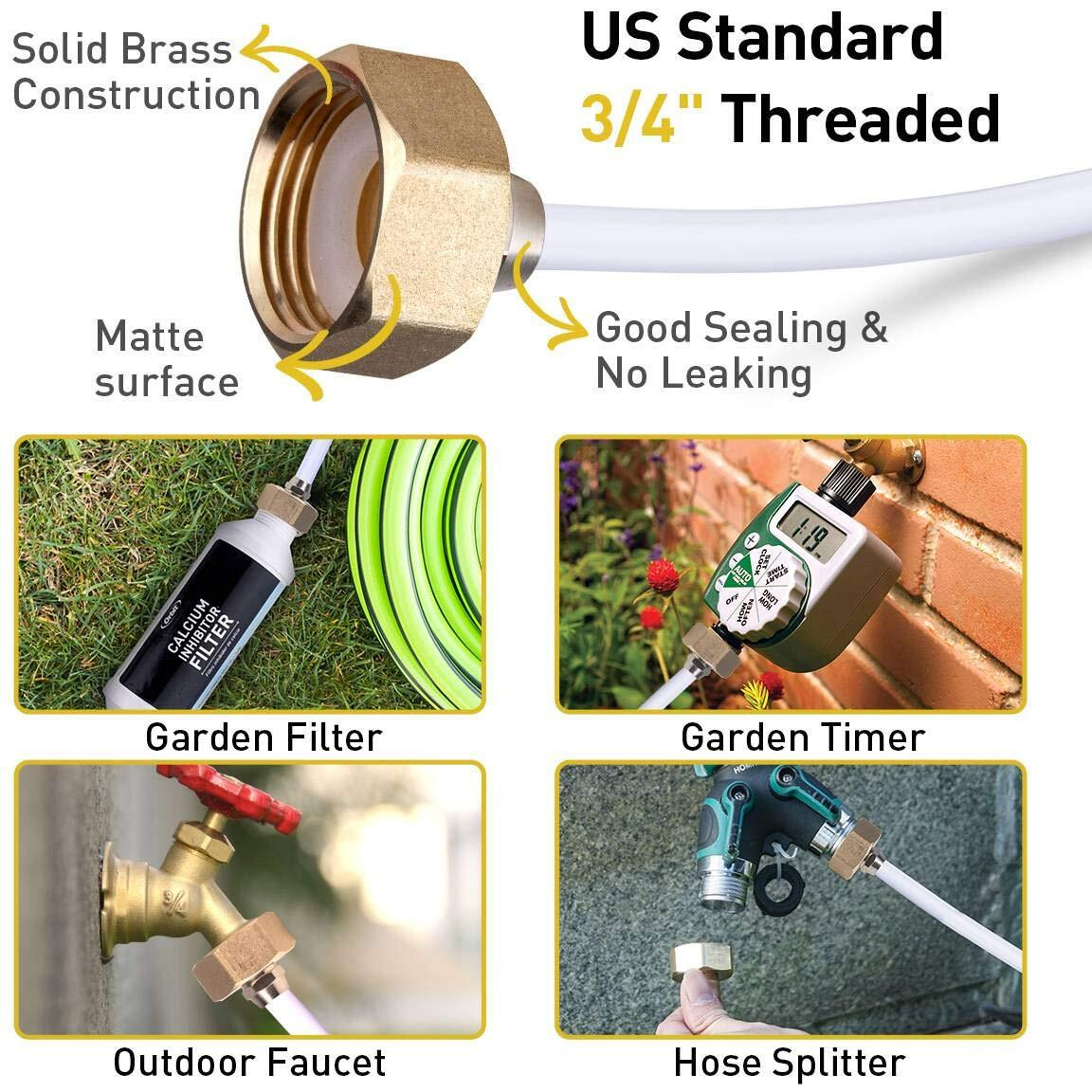 Homenote Us Standard Faucet Adapter, 3/4'' To 1/4'' Hose Adapter, Convert 3/4" Female Hose Thread Bib To 1/4" Tubing, 2 Brass Adapter With 4 Washers