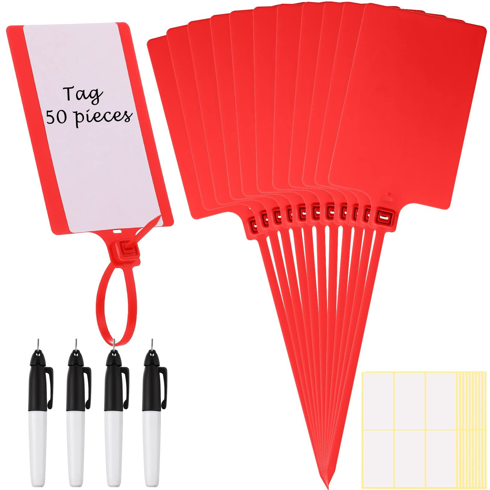 Waterproof Plastic Tags With Marker Pens And Sticker Labels, Self Locking Bag Tags Writable Tags With Wire Cable Ties For Luggage (Red, 50 Pieces)