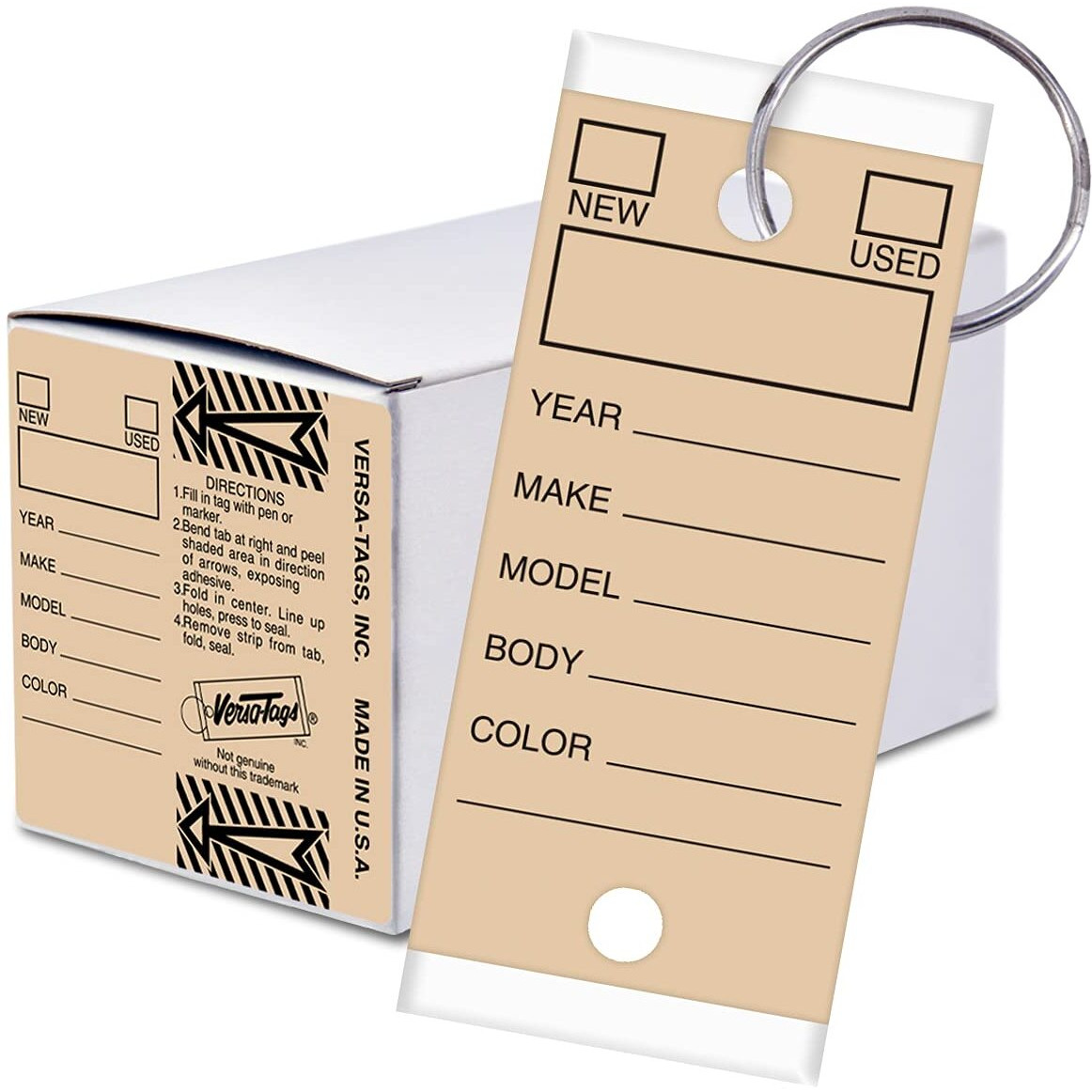 Versa-Tags 500 Key Tags, Self Protecting Poly, 1.25''X3'', Highly Resistant To Abrasion, 500 Key Tag Pack, 500 Chrome Plated Key Tag Rings Included Color Tan