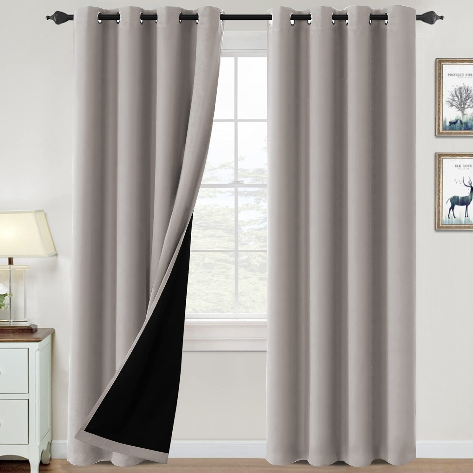 100% Blackout Curtains For Bedroom Thermal Insulated Blackout Curtains 84 Inch Length Heat And Full Light Blocking Curtains Window Drapes For Living Room With Black Liner 2 Panels Set, Warm Taupe