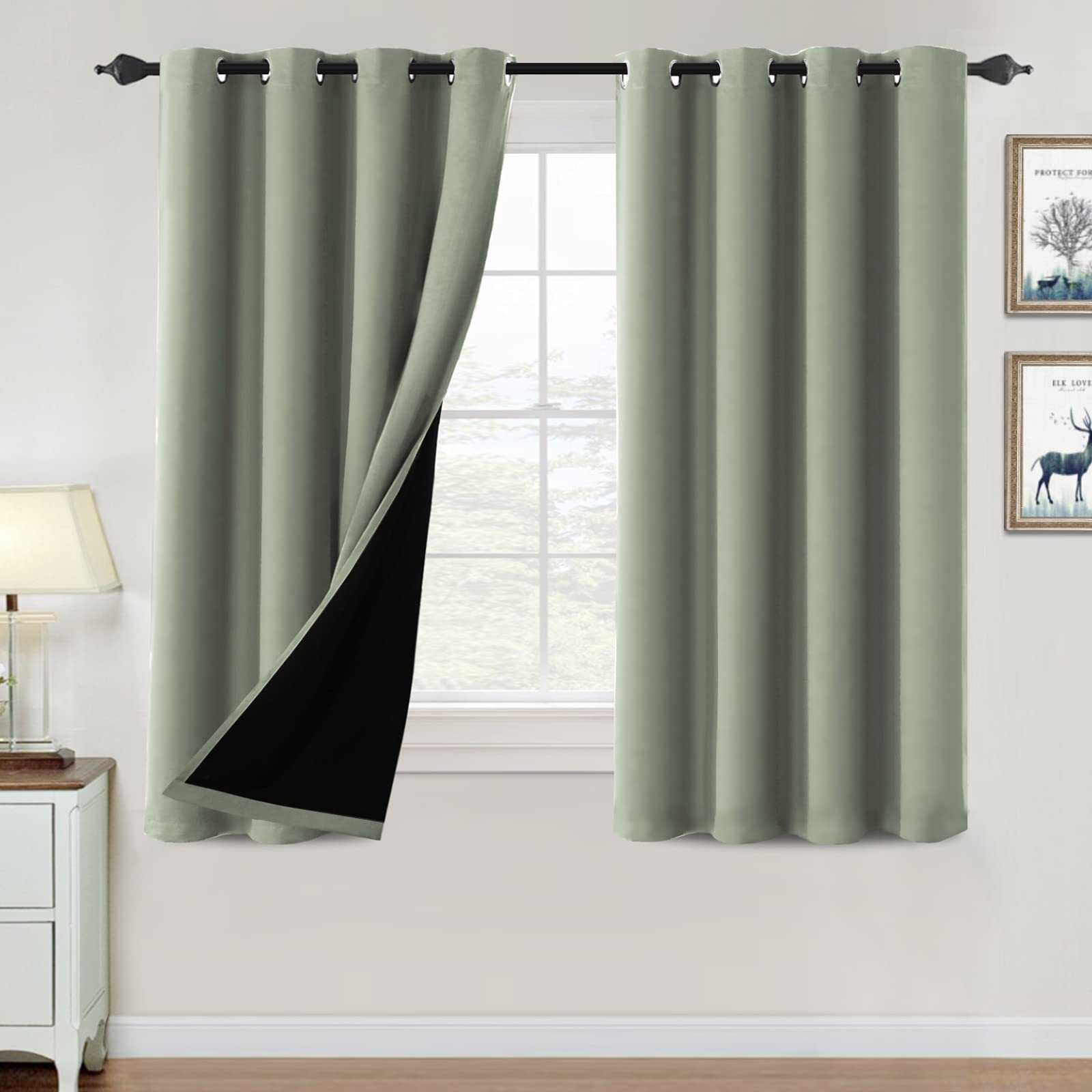 100% Blackout Curtains For Bedroom Thermal Insulated Blackout Curtains 54 Inch Length Heat And Full Light Blocking Curtains Window Drapes For Living Room With Black Liner 2 Panels Set, Light Sage