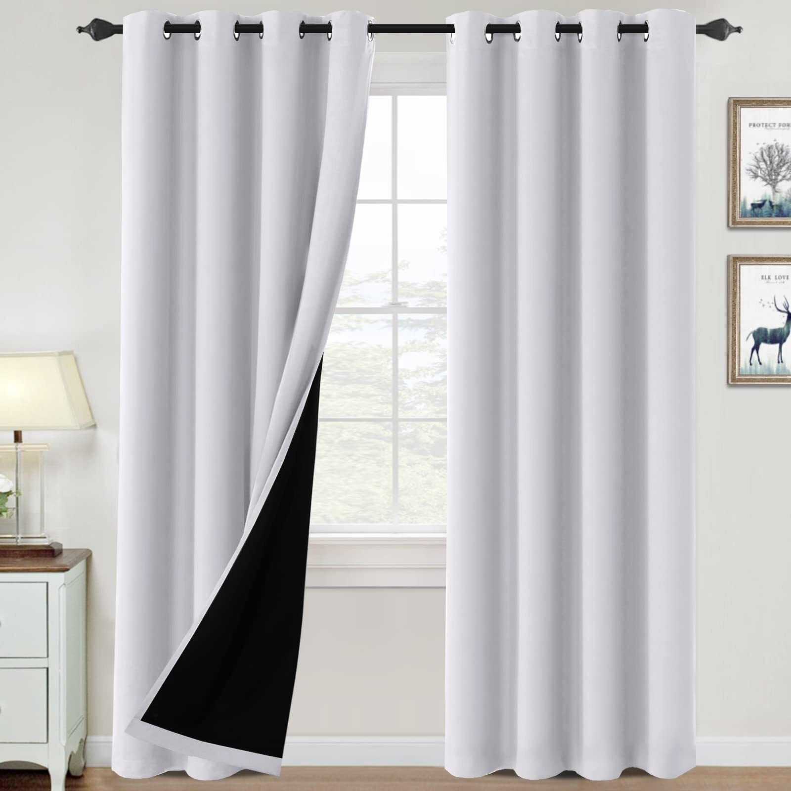 100% Blackout Curtains For Bedroom Thermal Insulated Blackout Curtains 84 Inch Length Heat And Full Light Blocking Curtains Window Drapes For Living Room With Black Liner 2 Panels Set, Bleached White