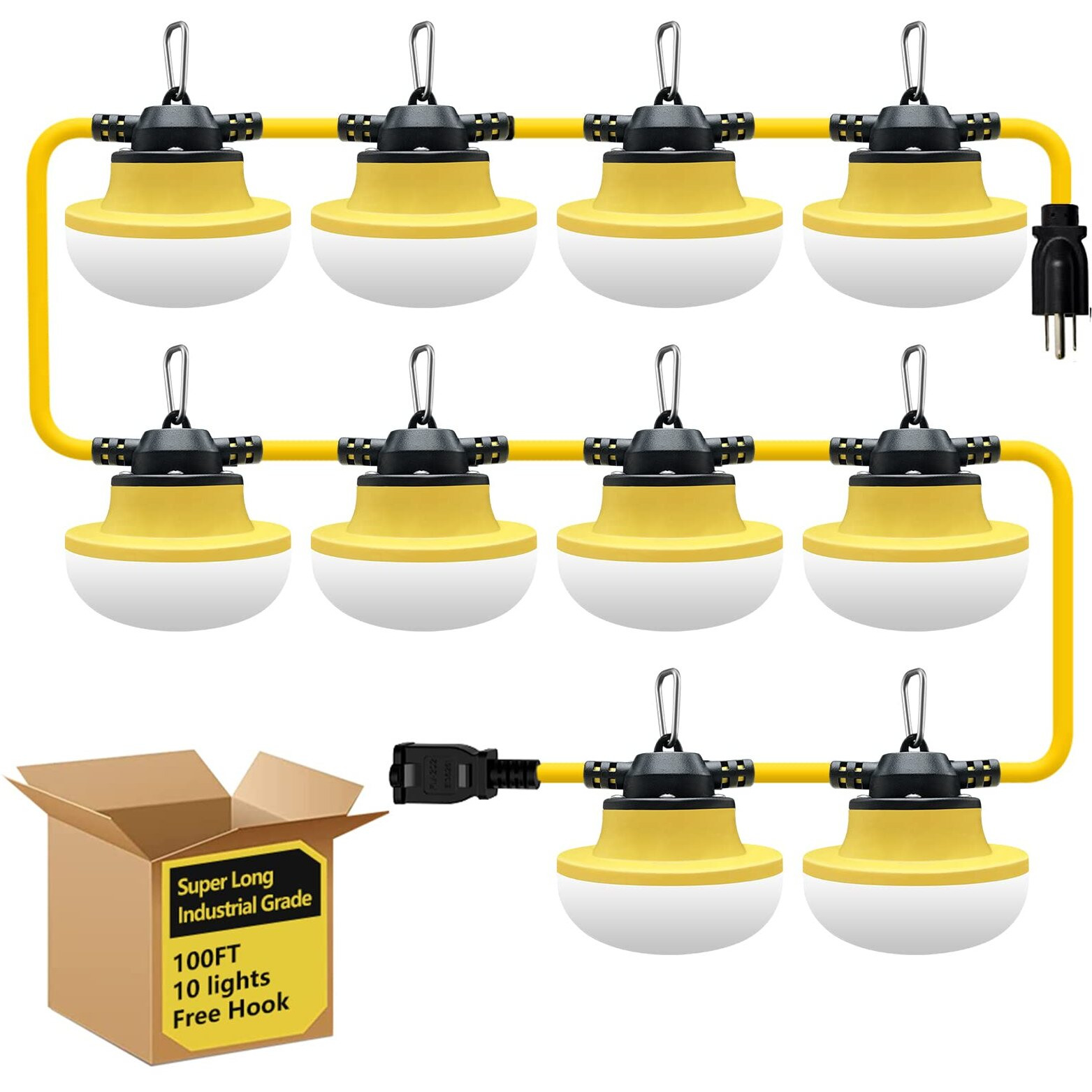 Muasdae New 100Ft Construction String Lights Led Industrial Grade Best For Construction Sites,Renovation, Walkways,Patio,Mine Cave,Outdoor Lighting Solutions Use,Free For Climbing Hook 3Prong