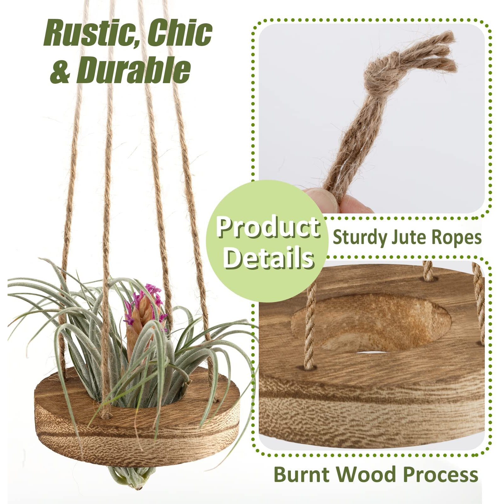 6 Pcs Hanging Wooden Air Plant Holder - 3" Round Wooden Air Plant Hanger With Jute Ropes, Rustic Air Plant Stand Tillandsia Succulent Display Container For Home Office Decor (Plants Not Included)