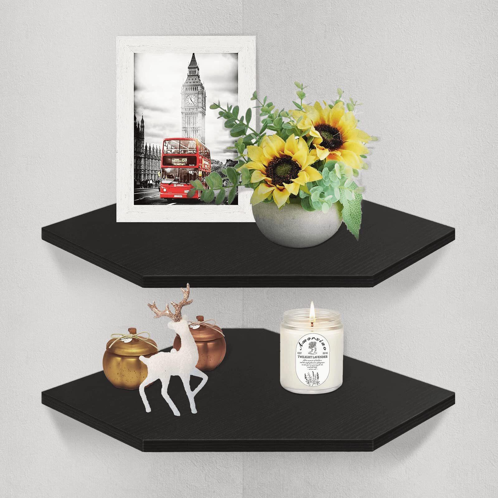 Homode Corner Shelf Wall Mount, Set Of 2 Corner Floating Shelves With Wire Hole For Tv, Cable Box, Wood Hanging Storage Shelf Organizer For Bathroom Kitchen Living Room Bedroom, Black Oak Finish