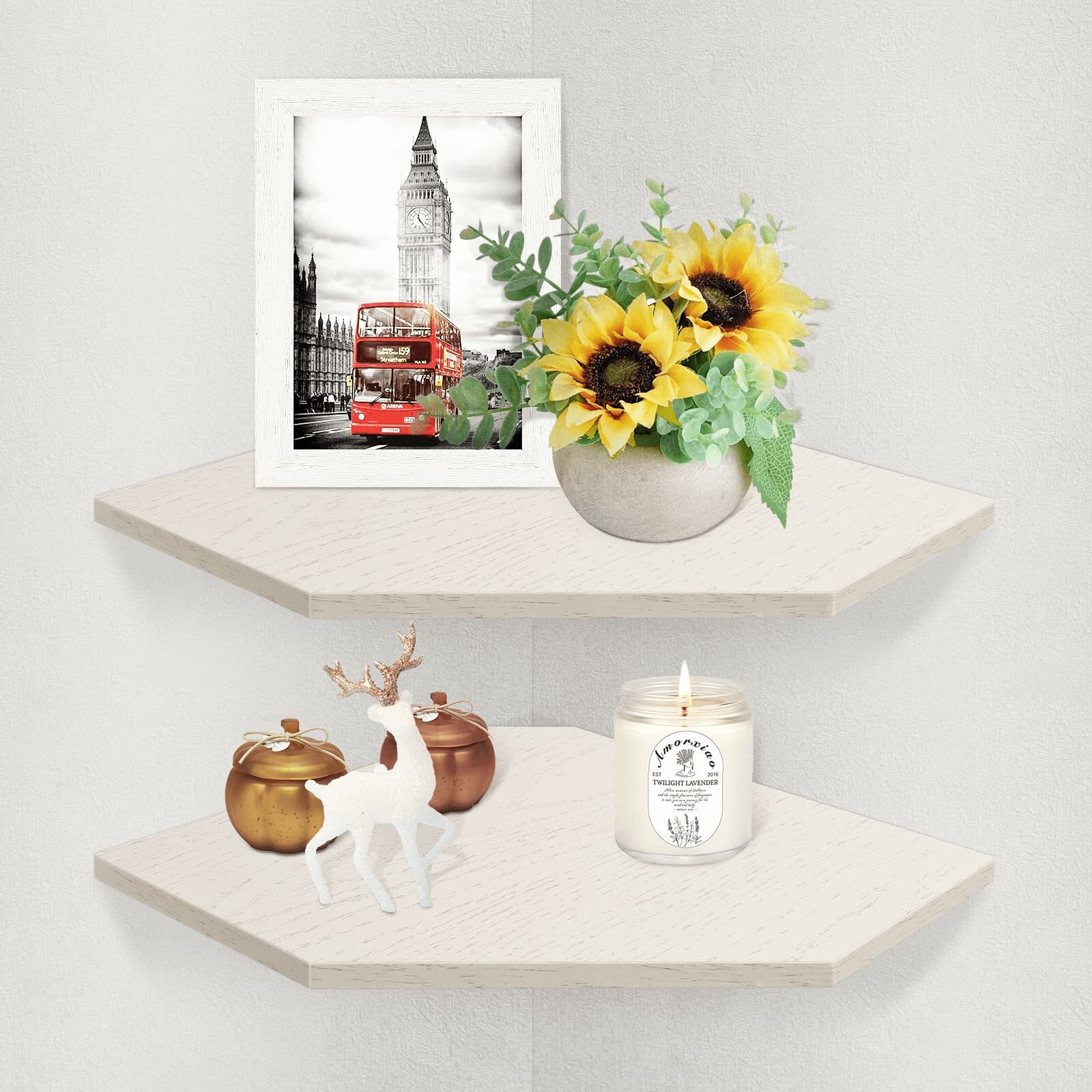 Homode Corner Shelf Wall Mount, Set Of 2 Corner Floating Shelves With Cord Hole For Tv, Cable Box, Wood Hanging Storage Shelf Organizer For Bathroom Kitchen Living Room Bedroom, Vintage White