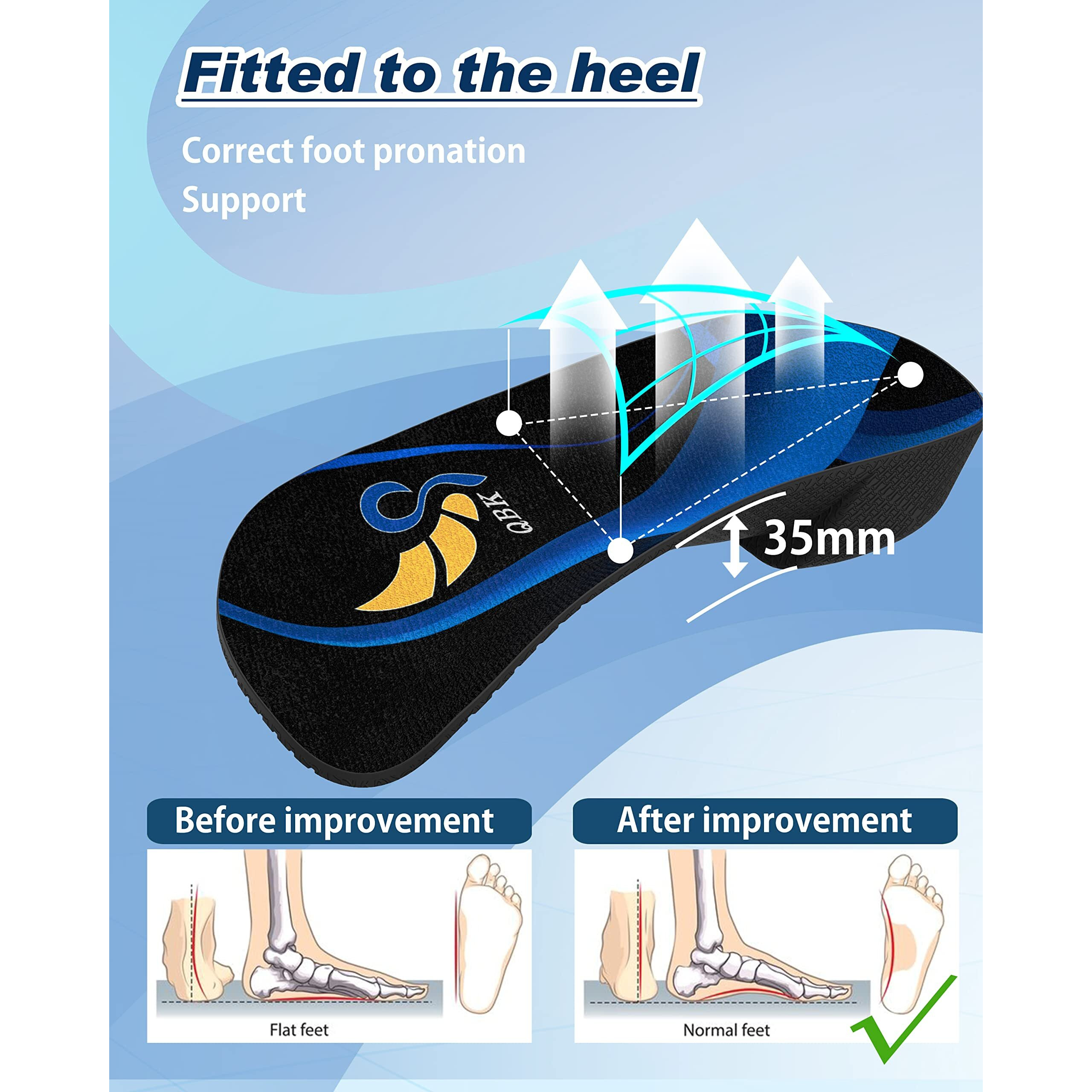 3/4 Arch Support Insoles For Women/Men, Qbk Orthotics Shoe Insoles High Arch Supports Shoe Insoles For Plantar Fasciitis, Flat Feet, Over-Pronation, Relief Heel Spur Pain,L
