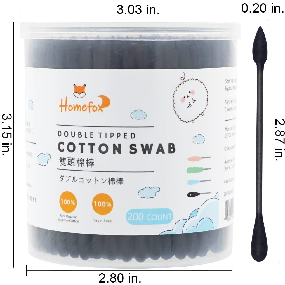 Homefox Black Cotton Swabs Precision Pointed - 400 Count Organic Pointy Pointed Cotton Bud Double Side Tightly Wrapped Charcoal Cotton Tip Paper Stick Soft Gentle Cruelty-Free, Pointy & Round (Black)