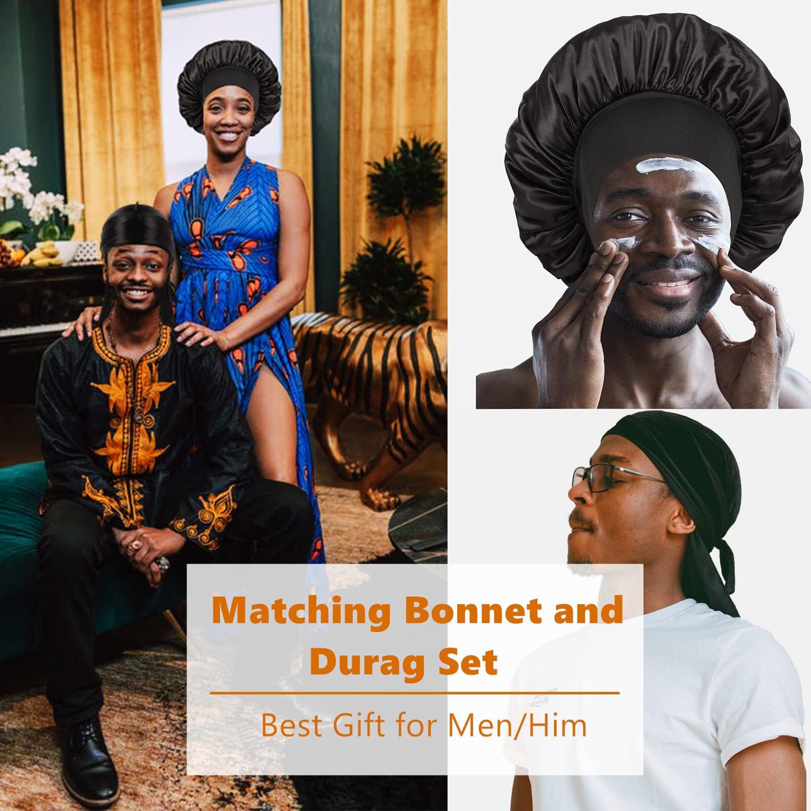 Bonnet For Men Curly Hair,Silk Bonnet For Men For Sleeping,Matching Durag And Bonnets Set For Couples,Mens Bonnet Pack A