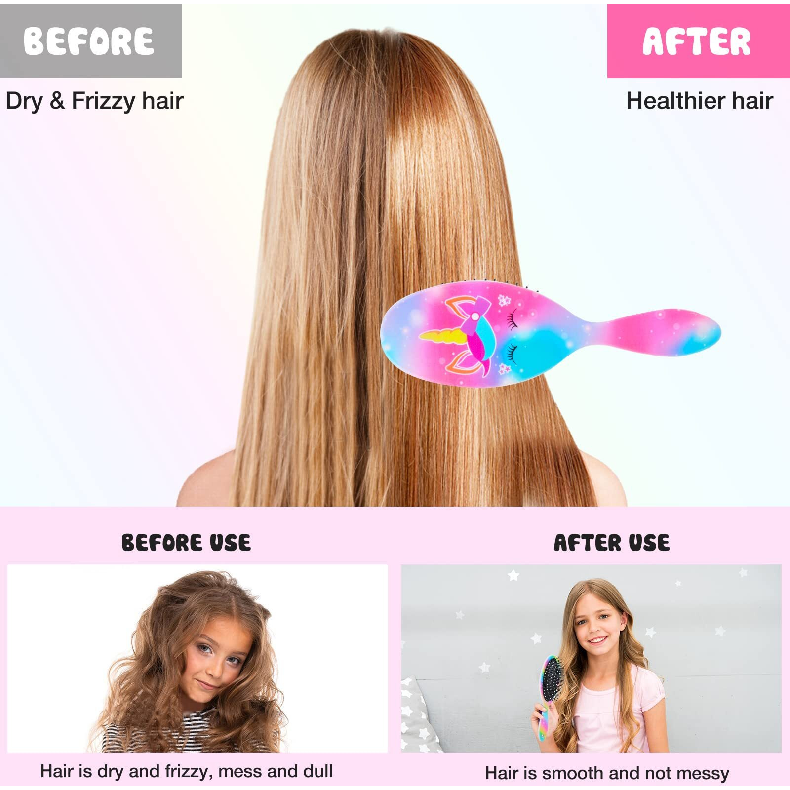 Kids Hair Brush Girls, Toddler Wet Dry Detangling Hair Brush For Curly Thick Hair Pain-Free Comb Girls Kids Women Unicorn Mermaid
