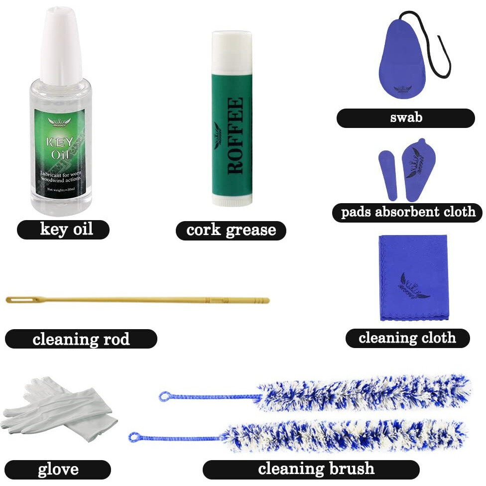 Flute Cleaning Cleaner Care Maintenance Kit,Key Oil,Cork Grease,Swab,Cleaning Cloth,2Pcs Cleaning Brush,Cleaning Rod