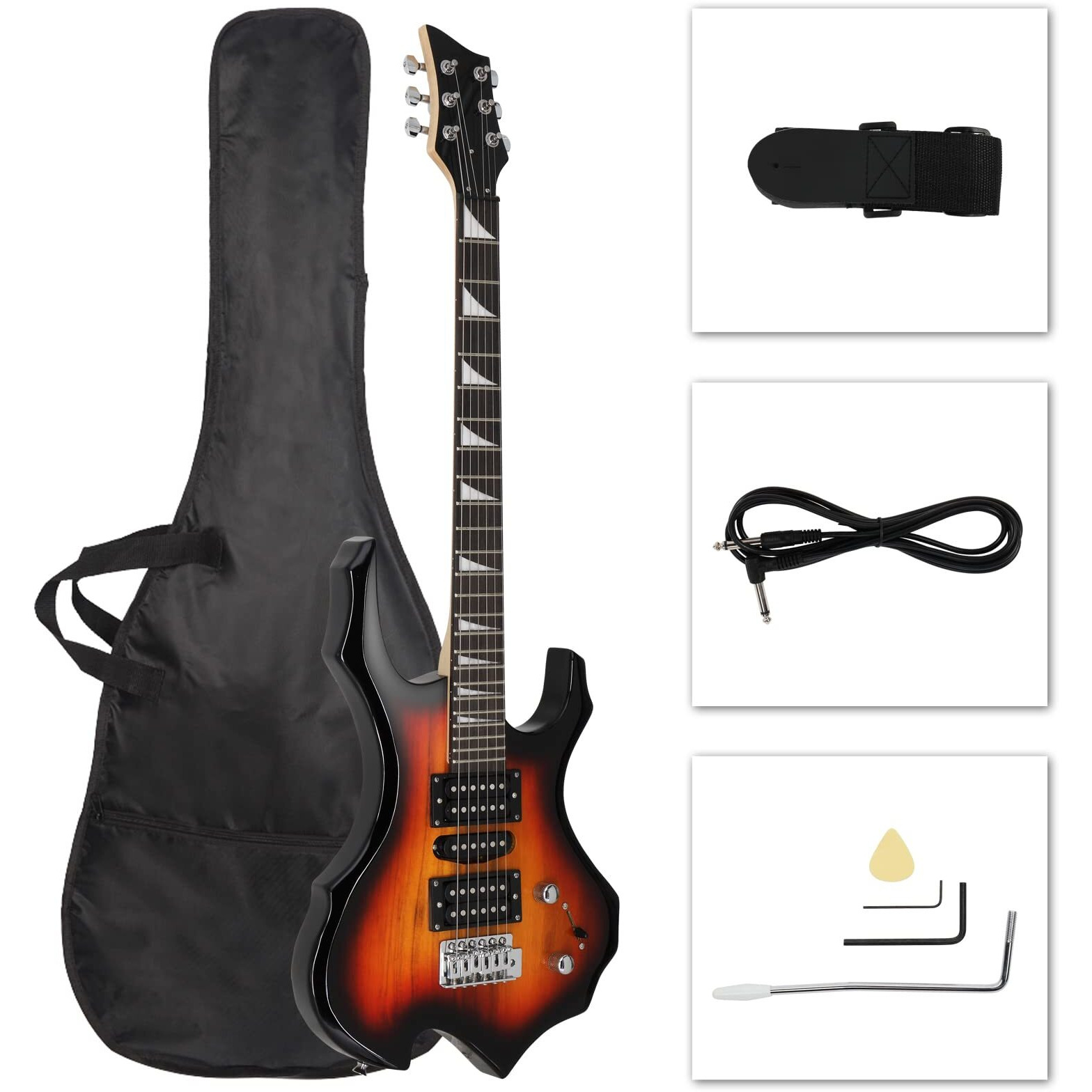 Ktaxon Electric Guitar 6 String Solid Body Electric Guitars, Flame Design Electric Guitar Kit With Portable Bag, Adjustable Shoulder Strap, Amp Wire, Tremolo Arm, Plectrum, And Wrench Tool(Sunset)