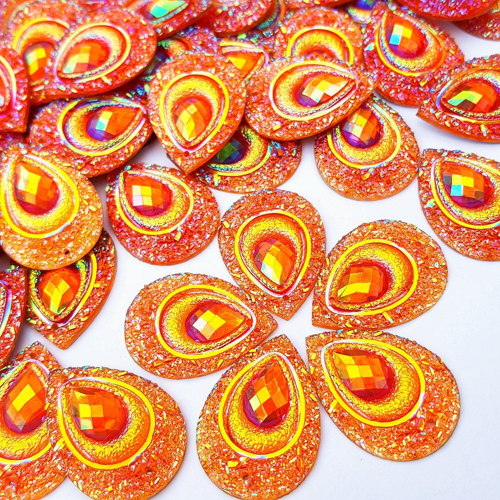 Sparkly Buttons Drop Ab Color Sew On Crafts Rhinestones Flatback Beads Sewing For Costume Wedding Dress Decorations 18X25Mm 50Pcs (Orange)