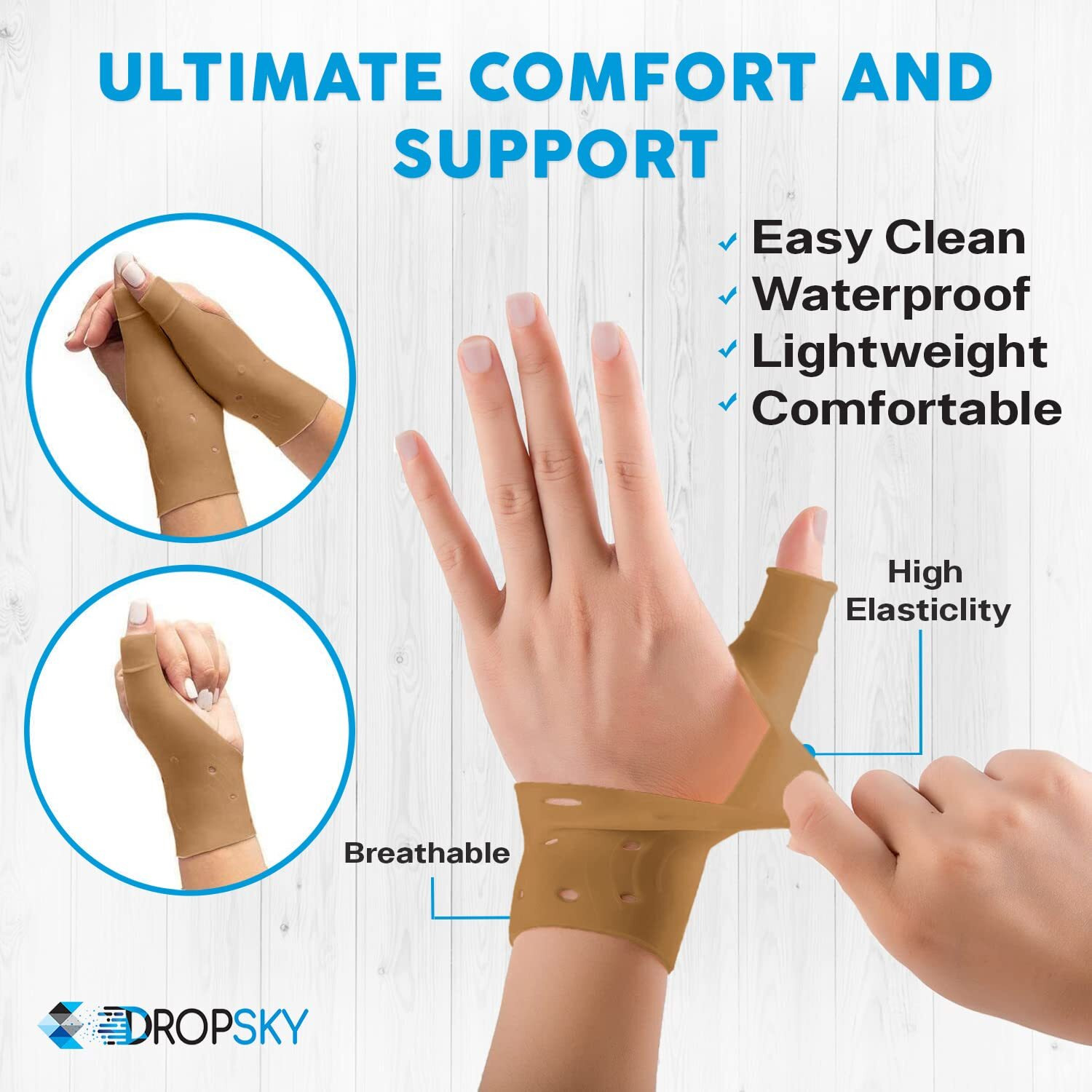 Dropsky [4 Pieces] Gel Wrist Thumb Support Braces Soft Waterproof, Relief Pain Carpal Tunnel, Arthritis Thumb, Fits Both Hands, Lightweight, Therapy Rubber-Latex, Stabilizer Support (Nude)