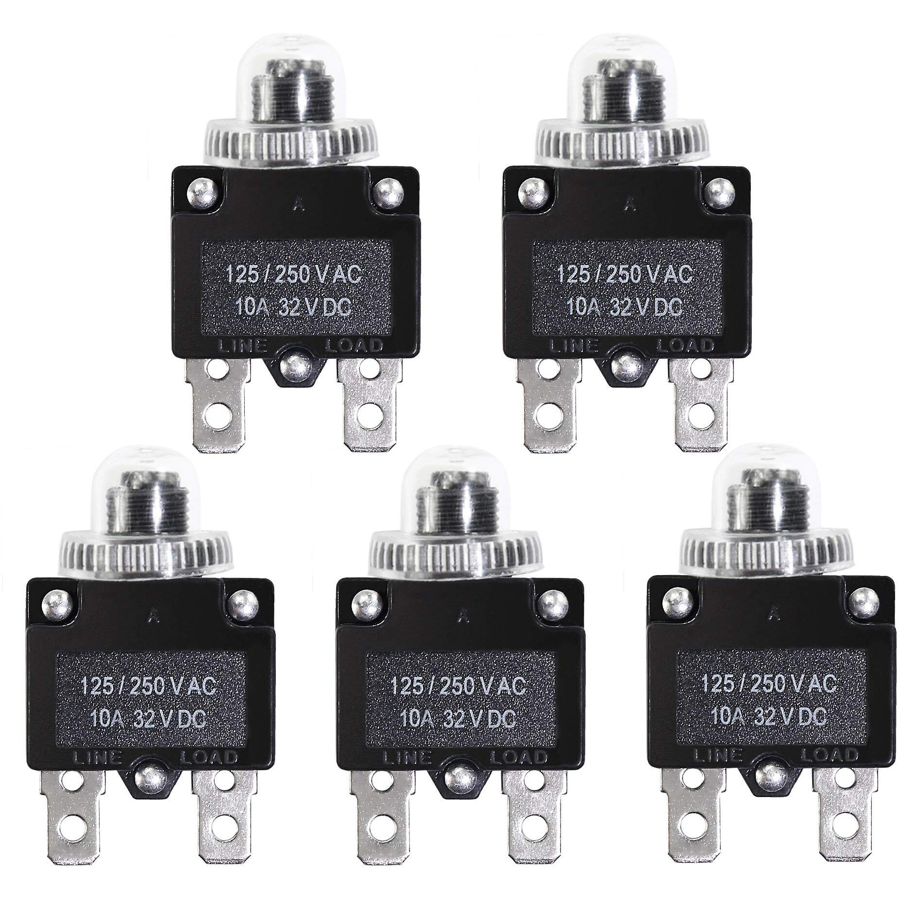Fuzbaxy 5Pcs 10Amp Circuit Breakers With Manual Reset 32Vdc,Ac125-250V With Quick Connect Terminals