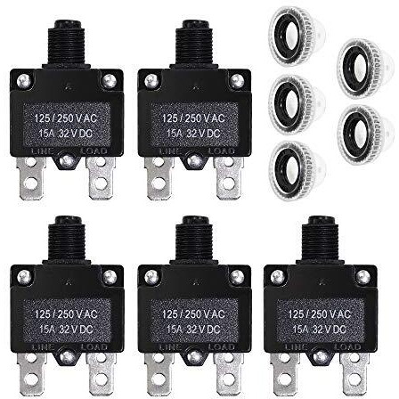 Fuzbaxy 5Pcs 15Amp Circuit Breakers With Push Button Reset 32Vdc,Ac125-250V With Quick Connect Terminals And Waterproof Button Cap