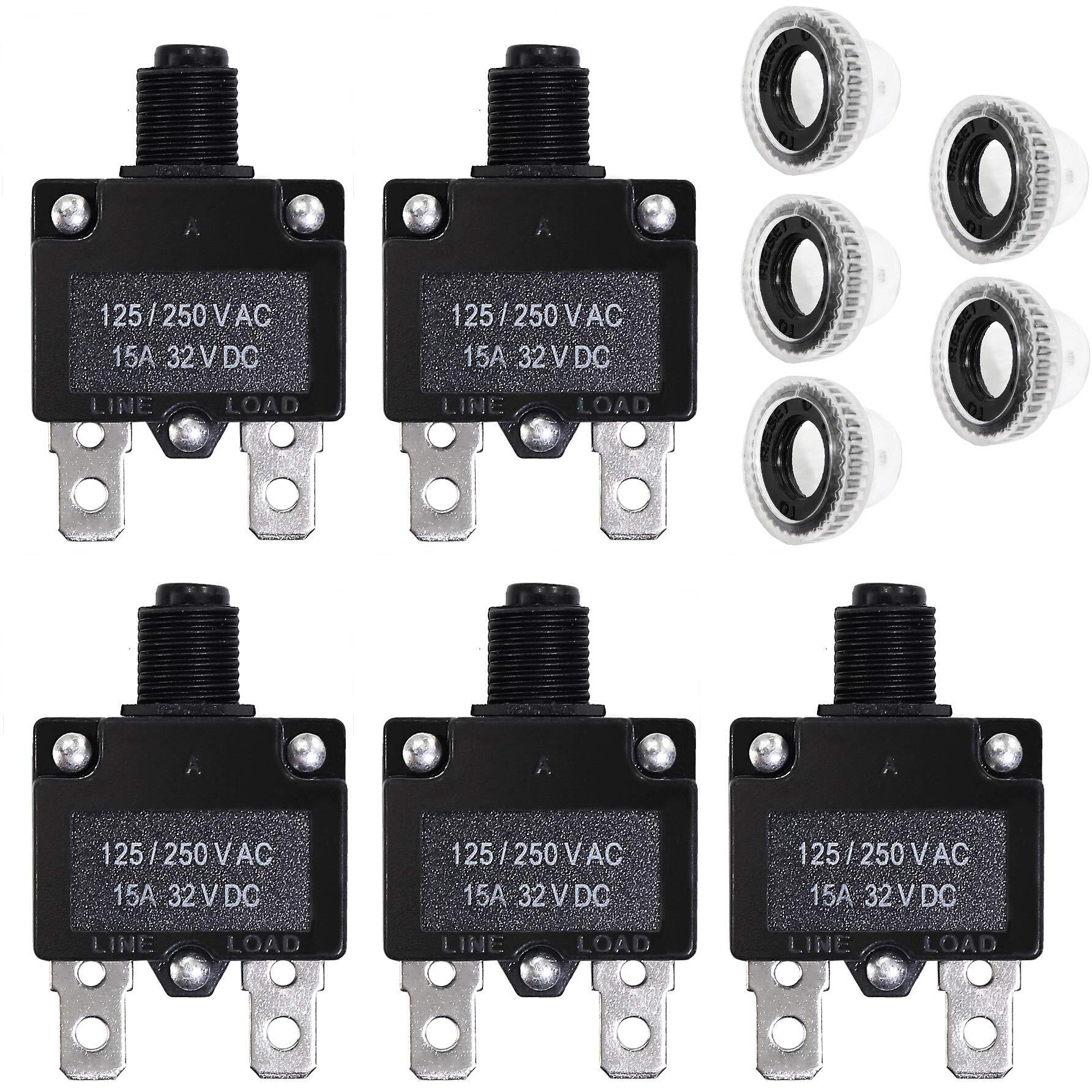 Fuzbaxy 5Pcs 15Amp Circuit Breakers With Push Button Reset 32Vdc,Ac125-250V With Quick Connect Terminals And Waterproof Button Cap