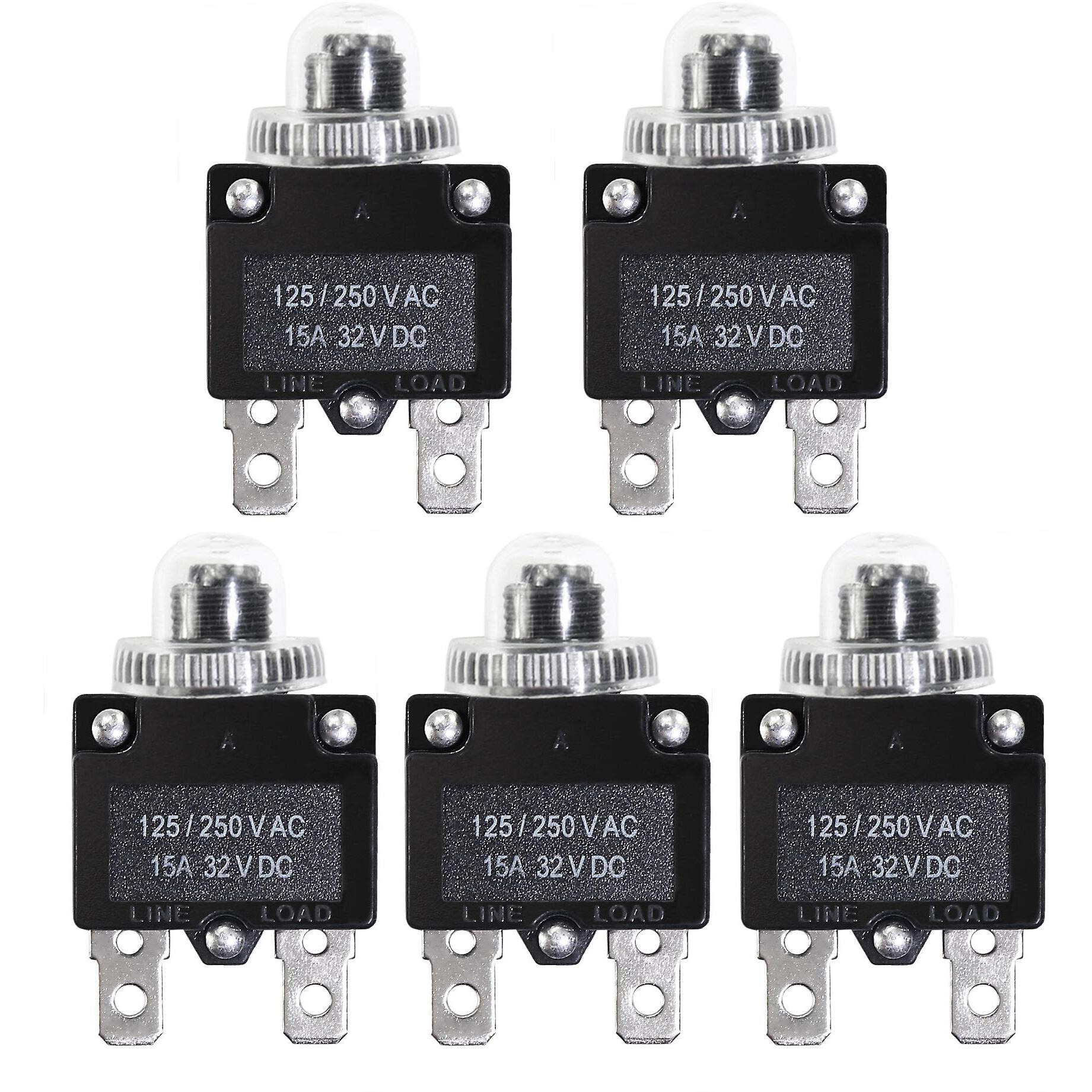 Fuzbaxy 5Pcs 15Amp Circuit Breakers With Push Button Reset 32Vdc,Ac125-250V With Quick Connect Terminals And Waterproof Button Cap