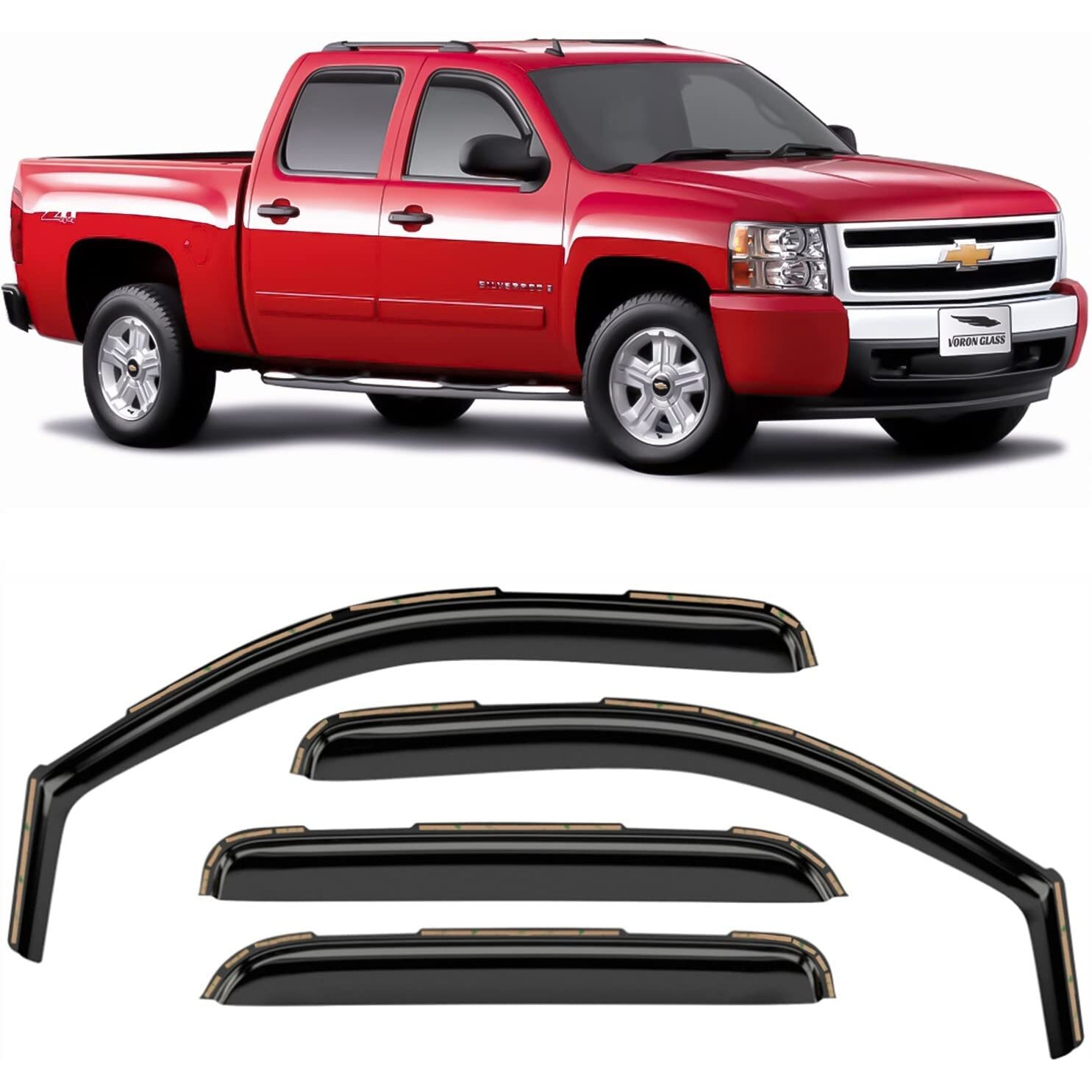 Voron Glass In-Channel Extra Durable Rain Guards For Trucks Chevrolet (Chevy) Silverado/Gmc Sierra 2007-2013 Crew Cab, Window Deflectors, Vent Window Visors, 4 Pieces - 220002