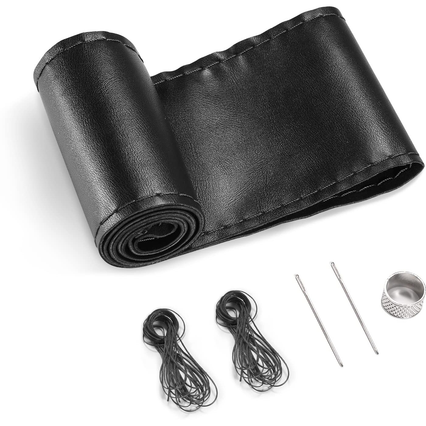 Seg Direct Genuine Leather Steering Wheel Cover, Stitch On Wrap, 15 Inch Steering Wheel Wrap For Car Truck Suv Pickup Boat, Diy Sewing With Needle Thread, Black